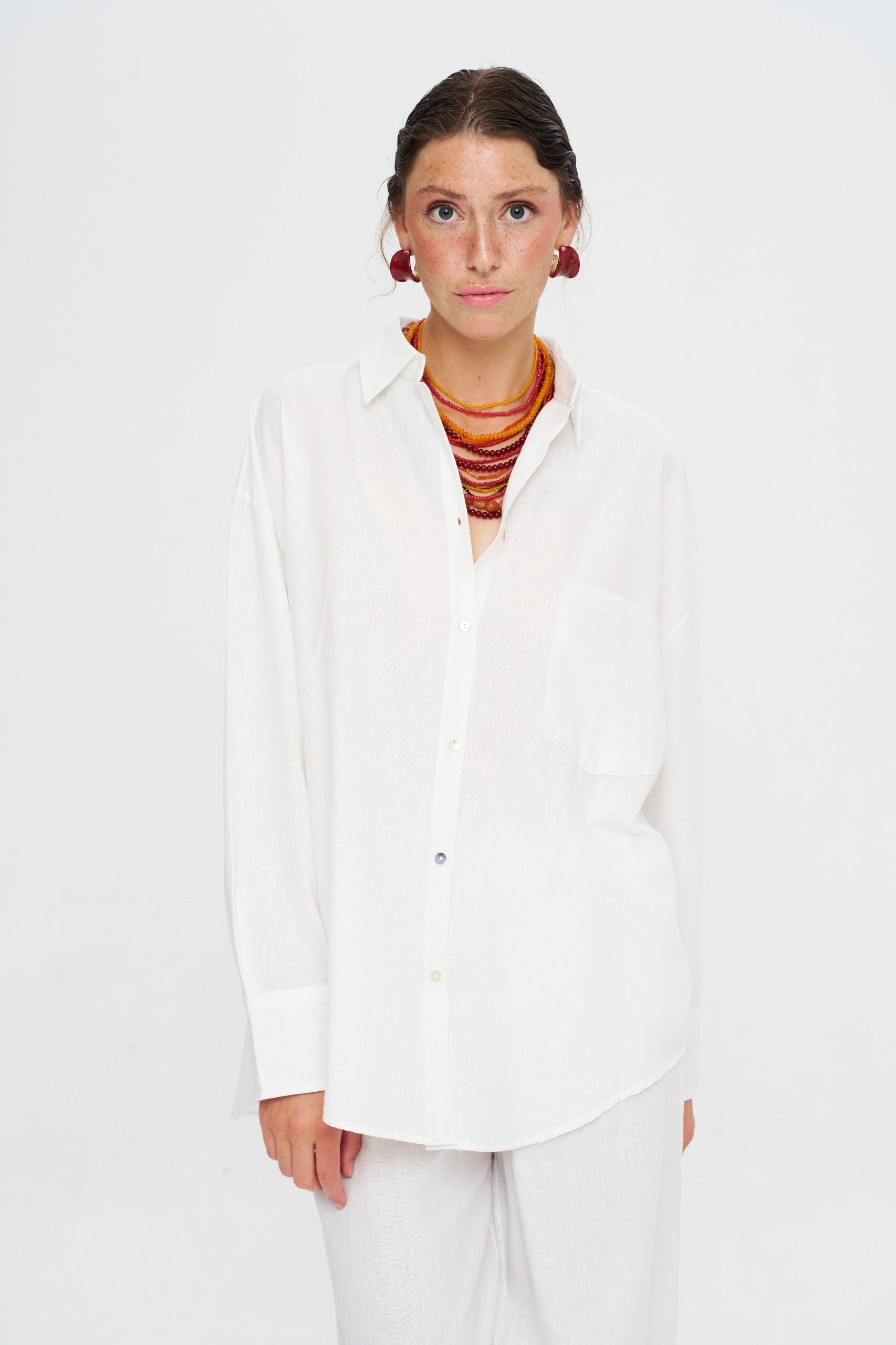 Toptan Keten Ekru Oversize Kadın Gömlek