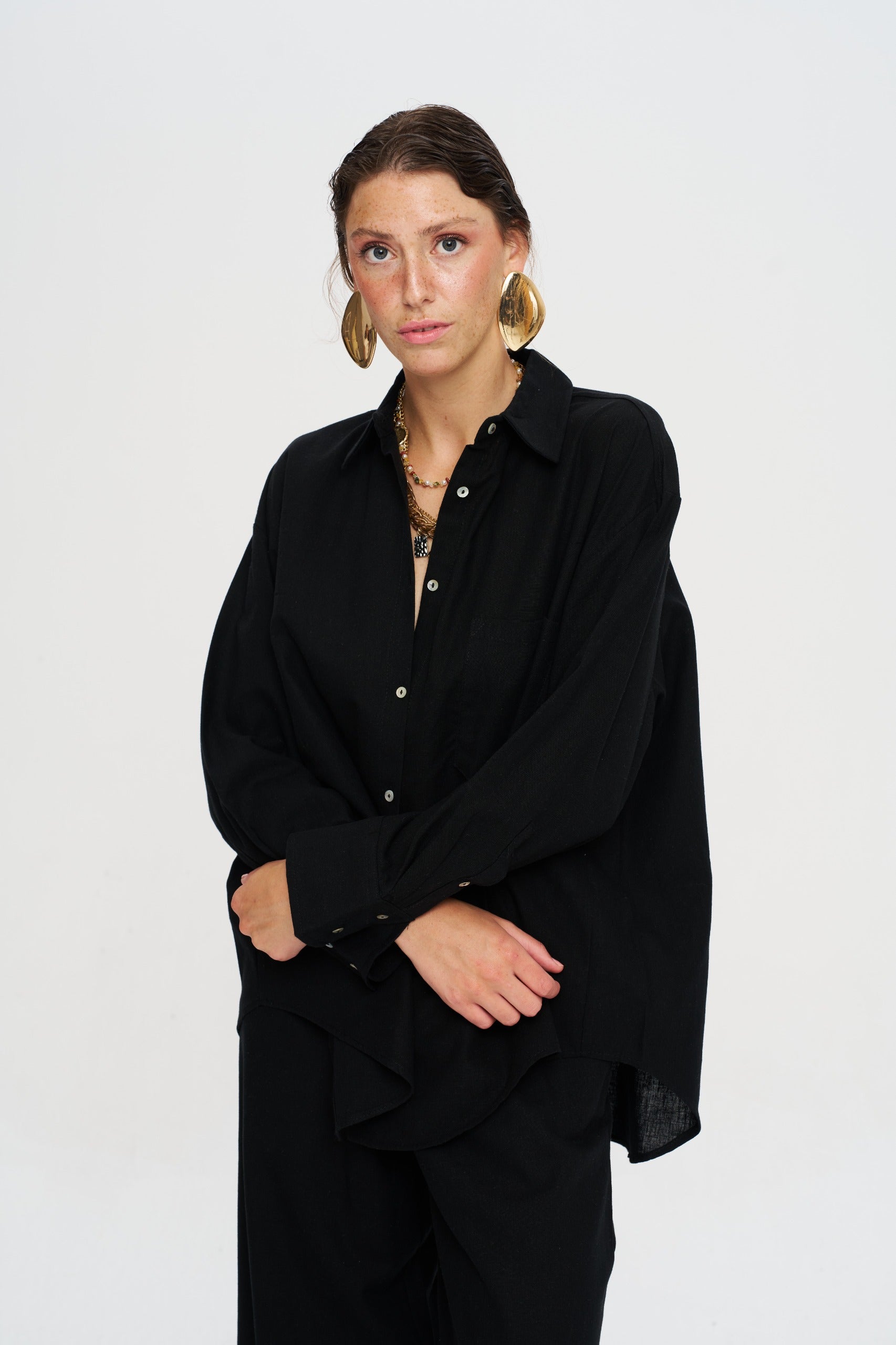 Toptan Keten Siyah Oversize Kadın Gömlek