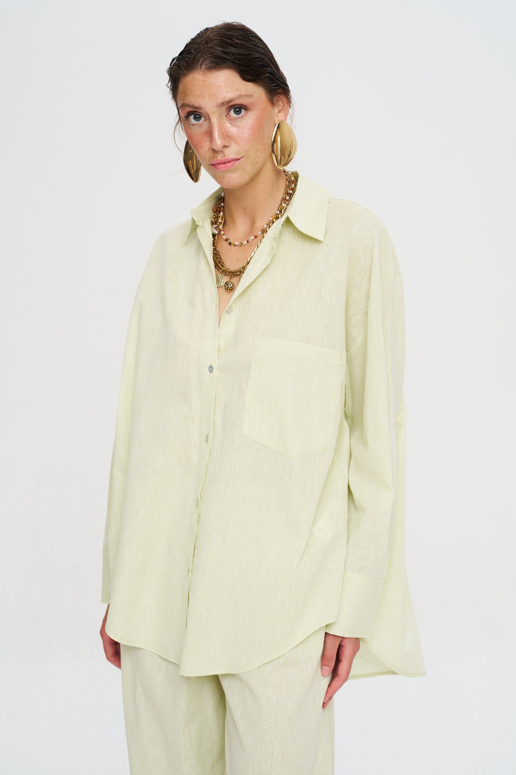 Toptan Keten Limon Oversize Kadın Gömlek