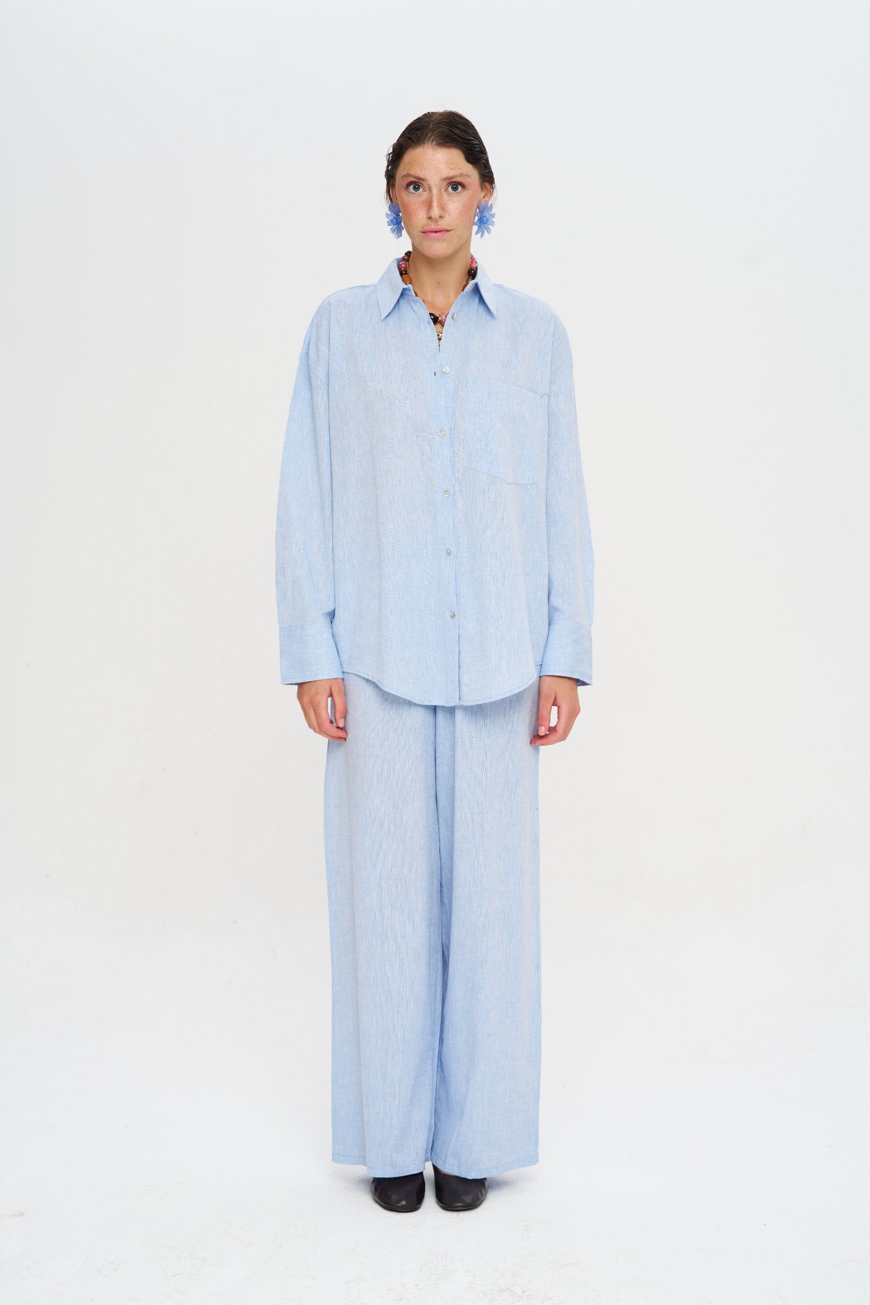 Toptan Keten Mavi Oversize Kadın Gömlek