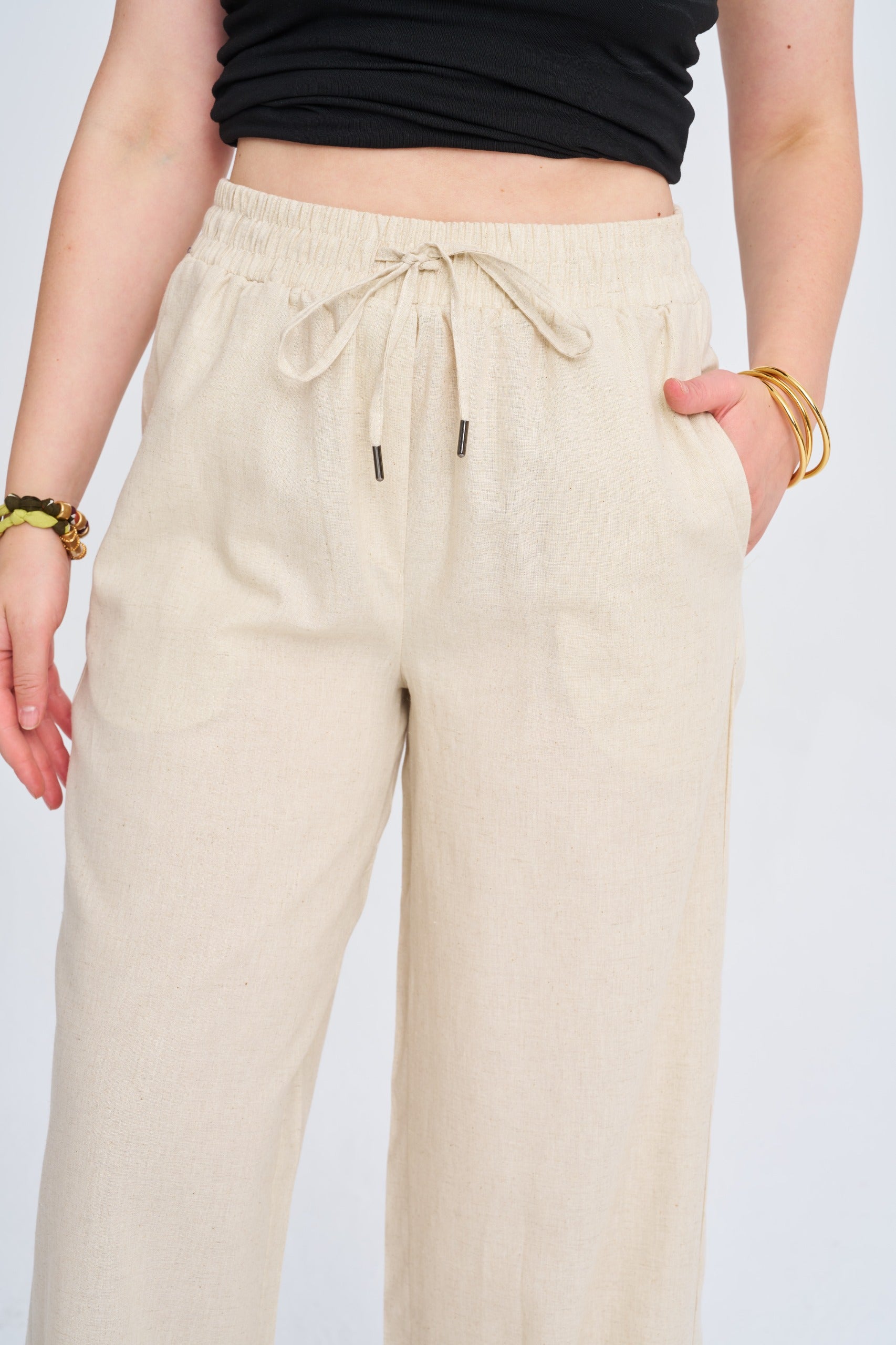 Toptan Kadın Keten Wide Leg Natur Pantolon