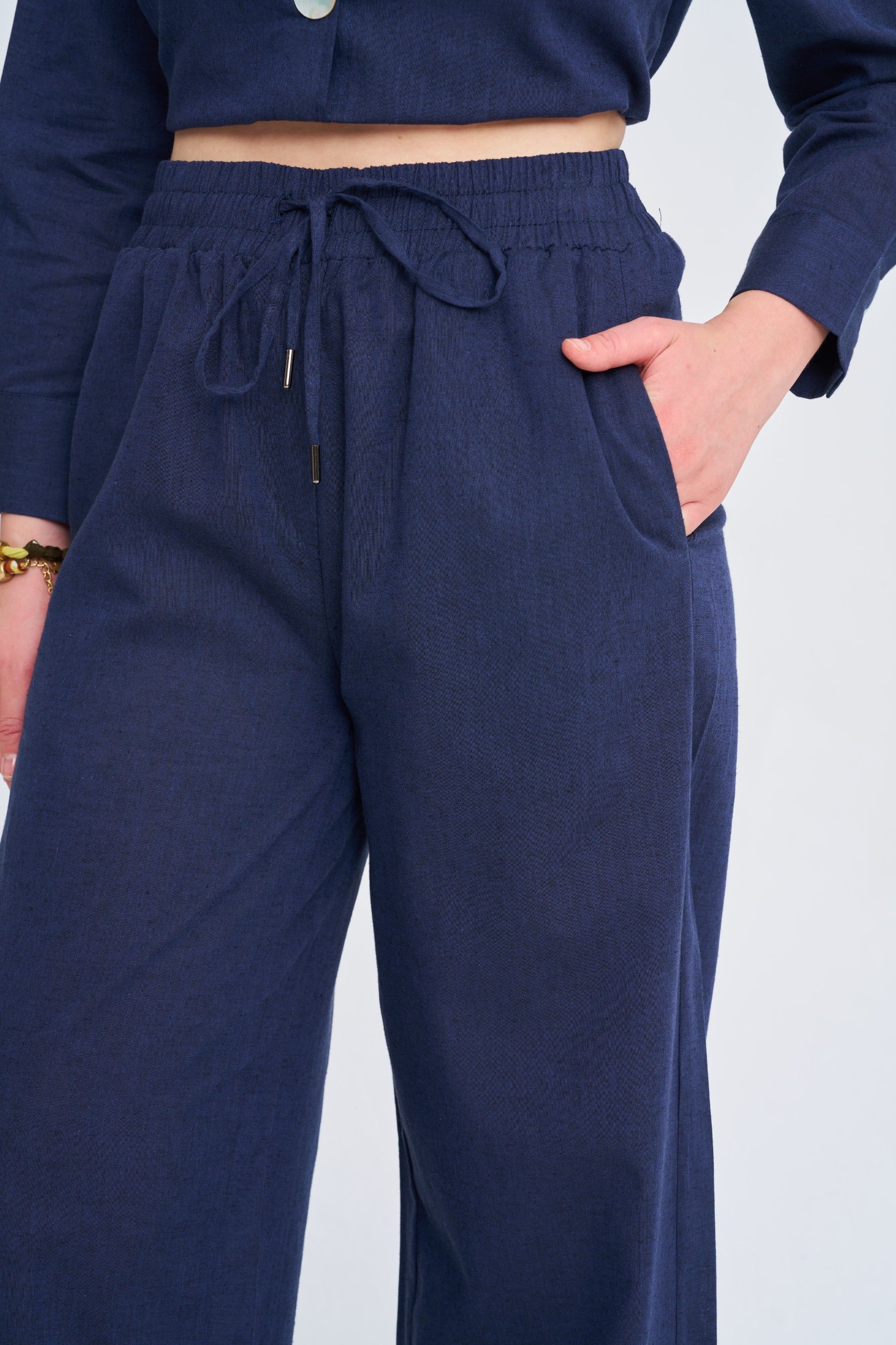 Toptan Kadın Keten Wide Leg Lacivert Pantolon