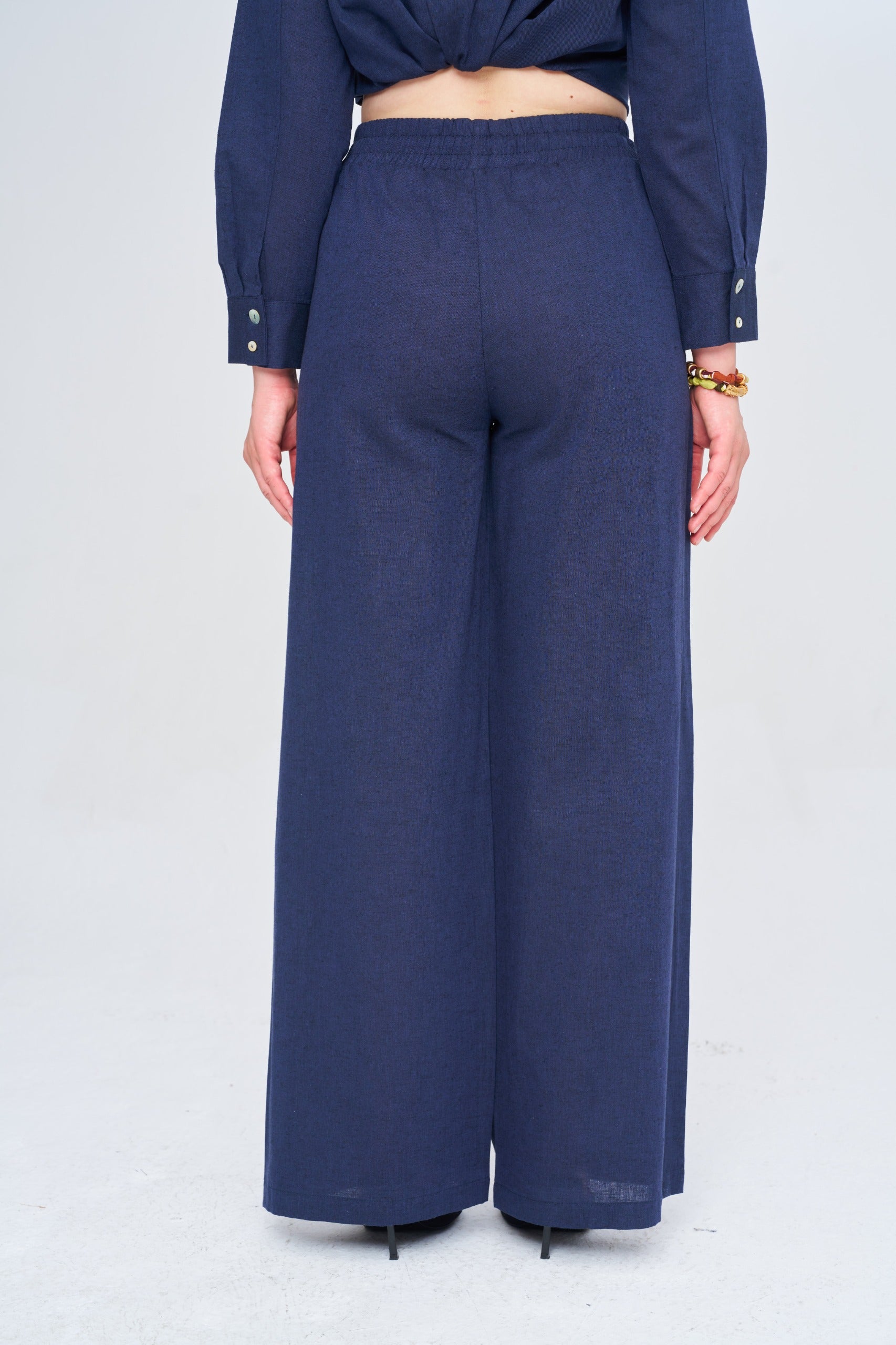 Toptan Kadın Keten Wide Leg Lacivert Pantolon