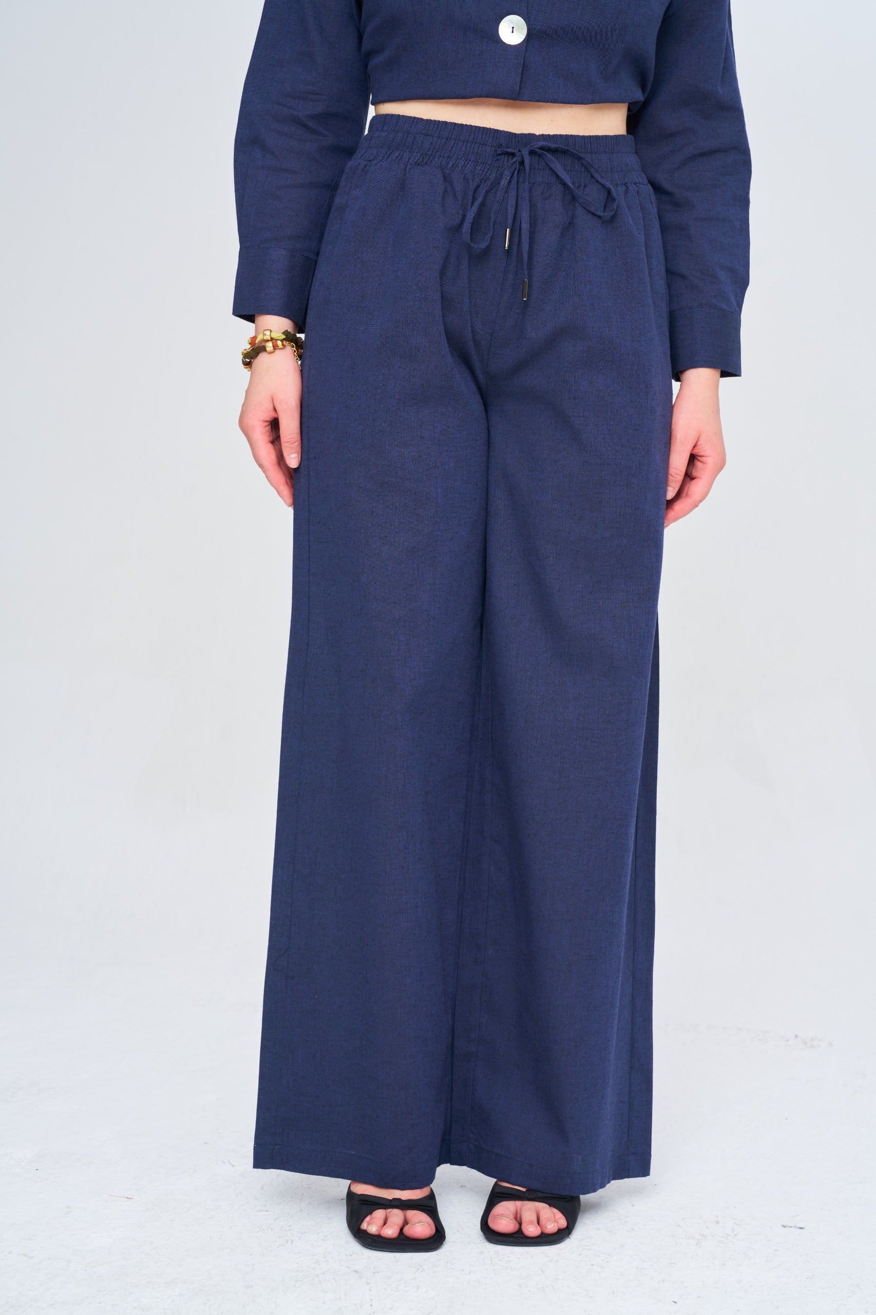Toptan Kadın Keten Wide Leg Lacivert Pantolon