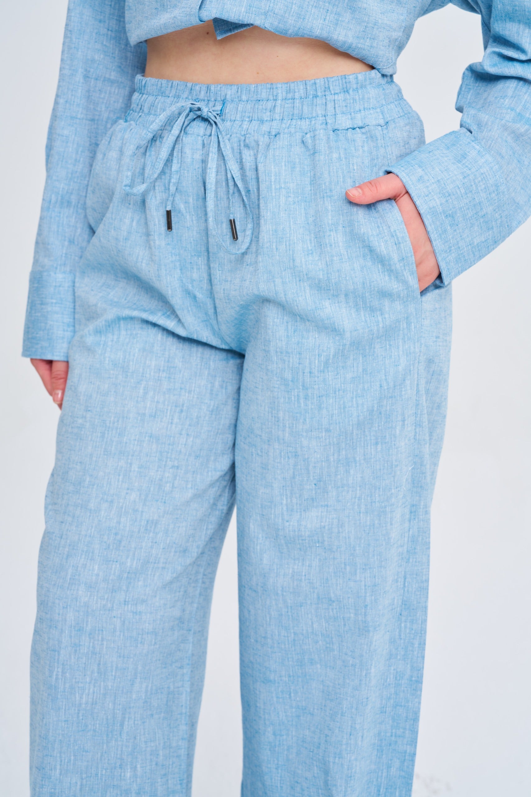 Toptan Kadın Keten Wide Leg Mavi Pantolon