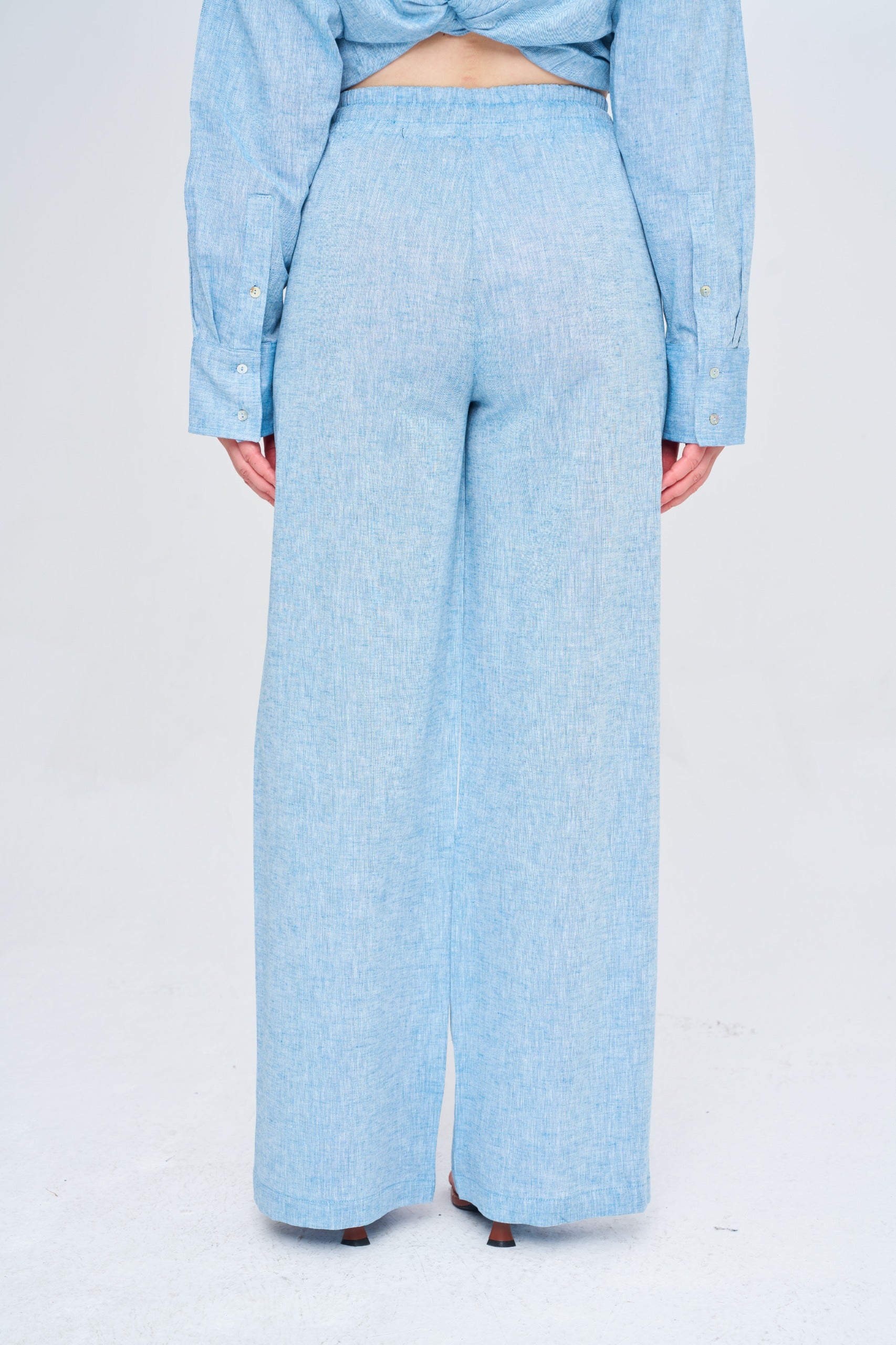 Toptan Kadın Keten Wide Leg Mavi Pantolon