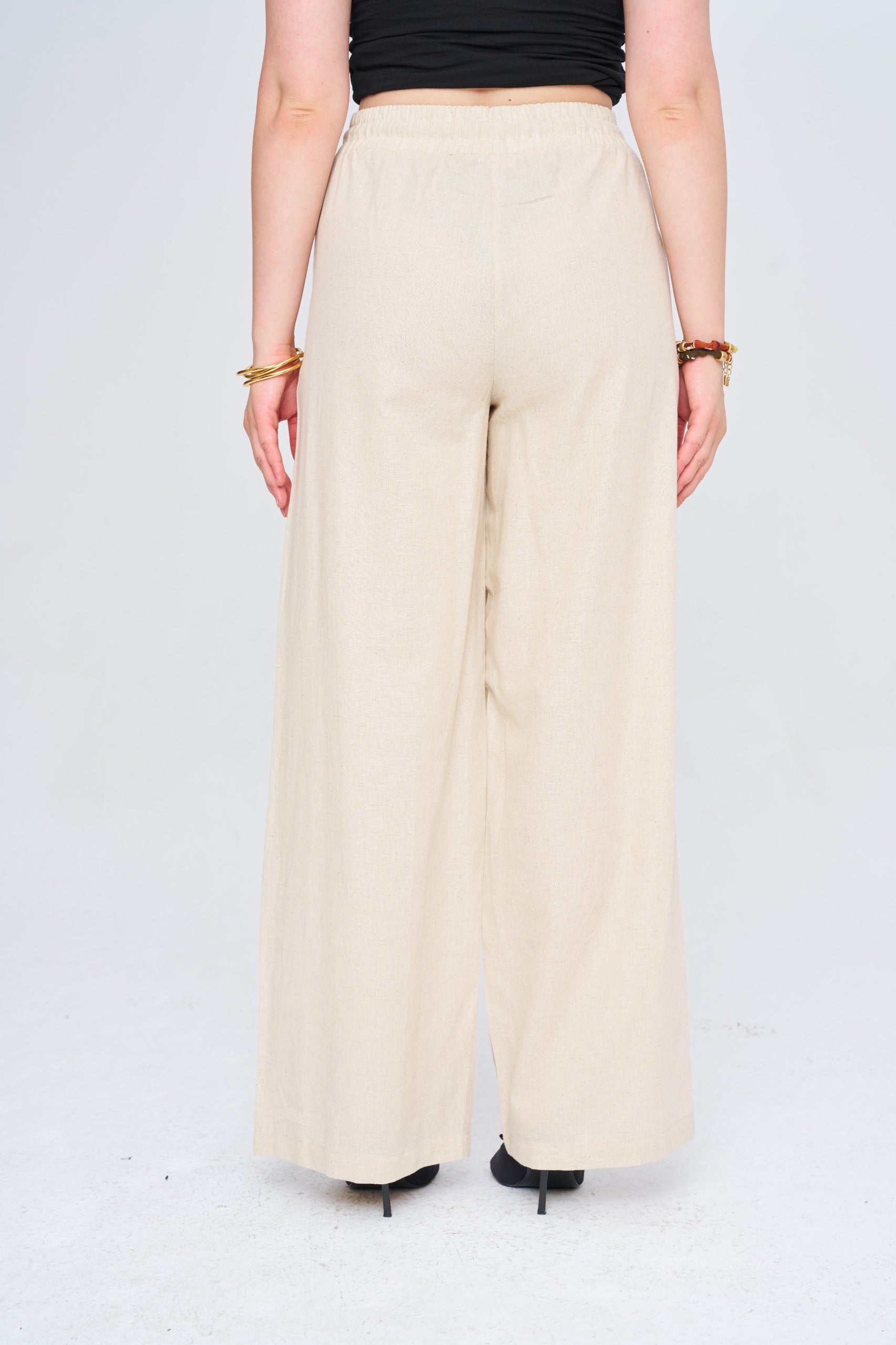 Toptan Kadın Keten Wide Leg Natur Pantolon