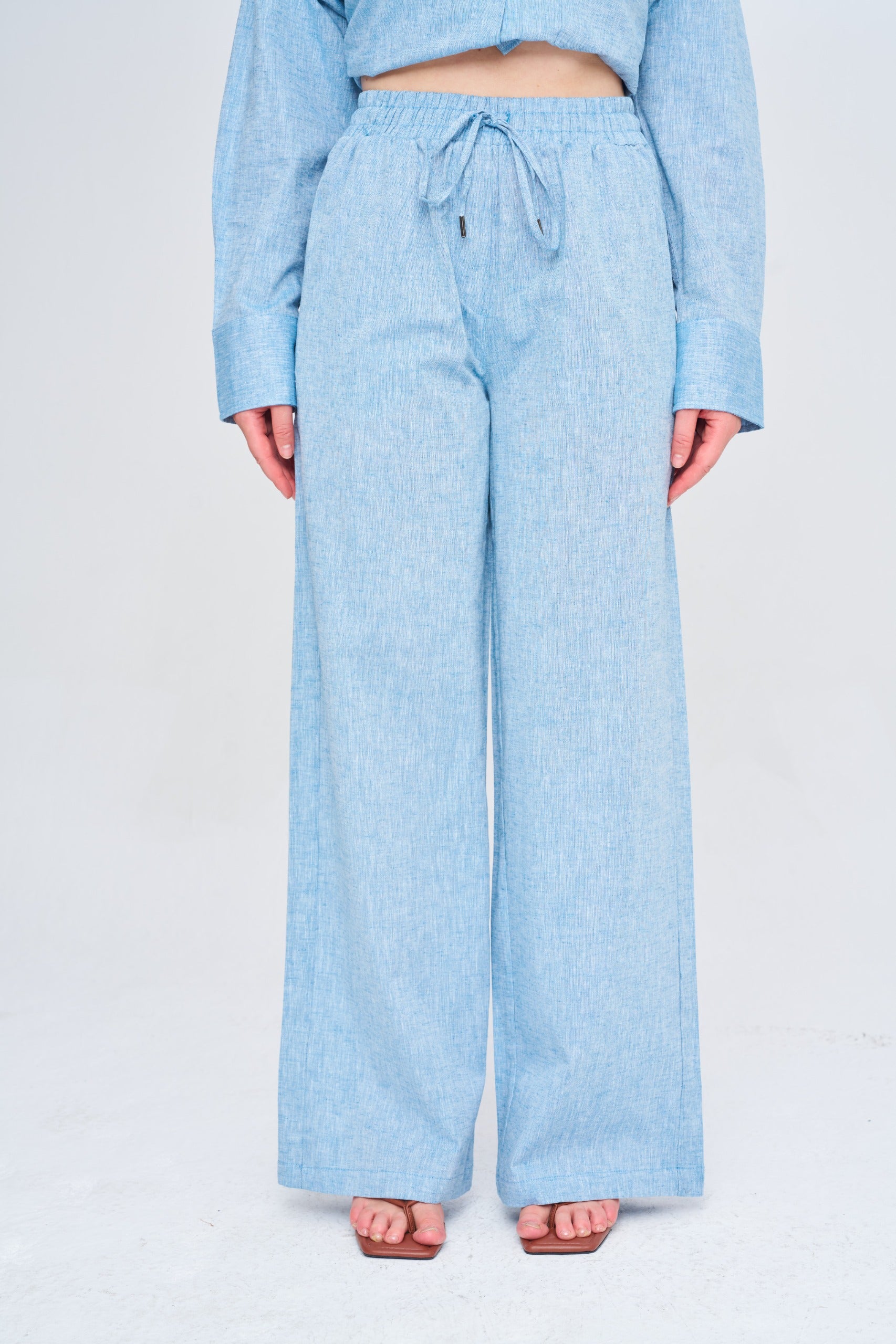 Toptan Kadın Keten Wide Leg Mavi Pantolon