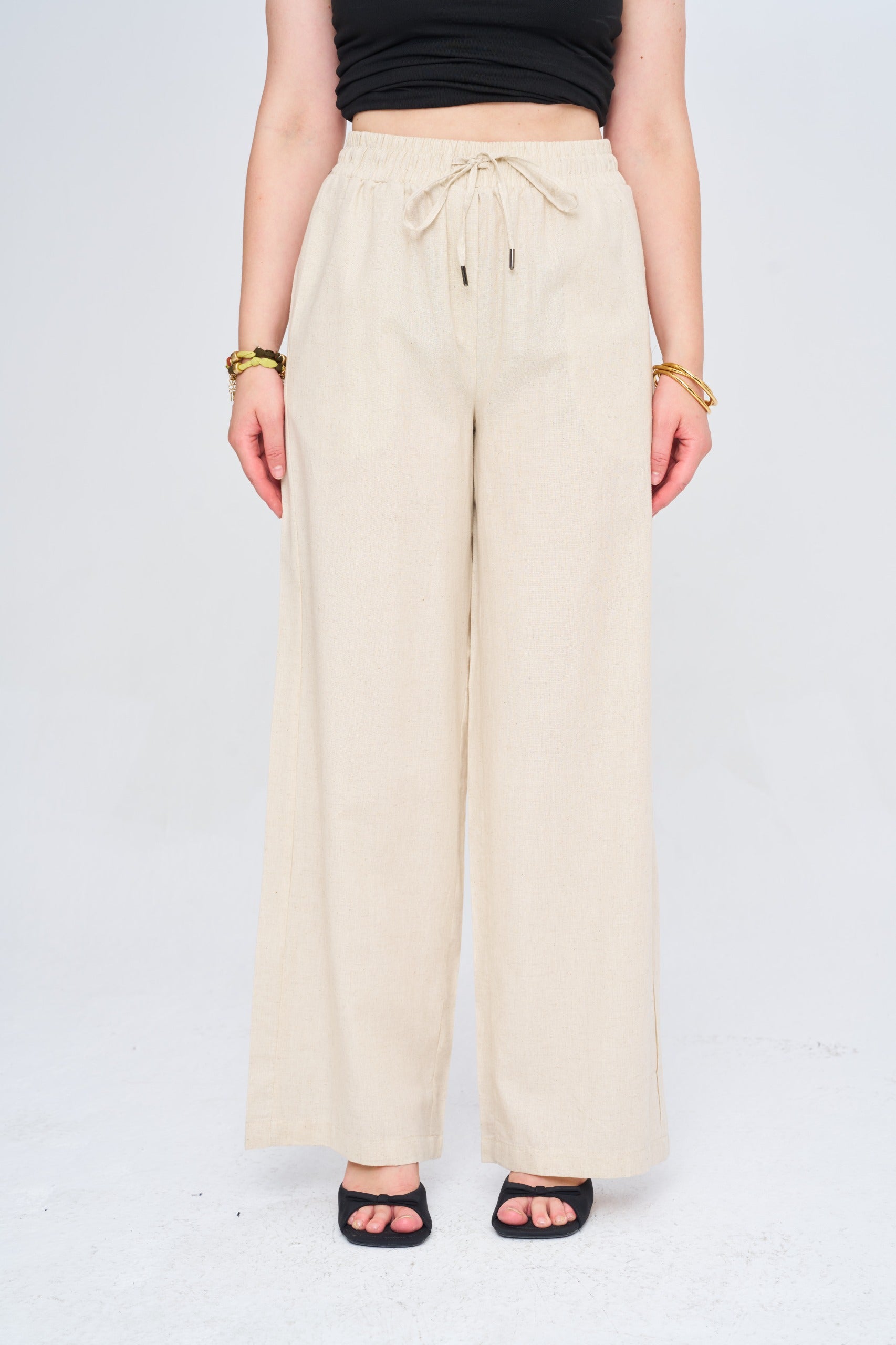 Toptan Kadın Keten Wide Leg Natur Pantolon