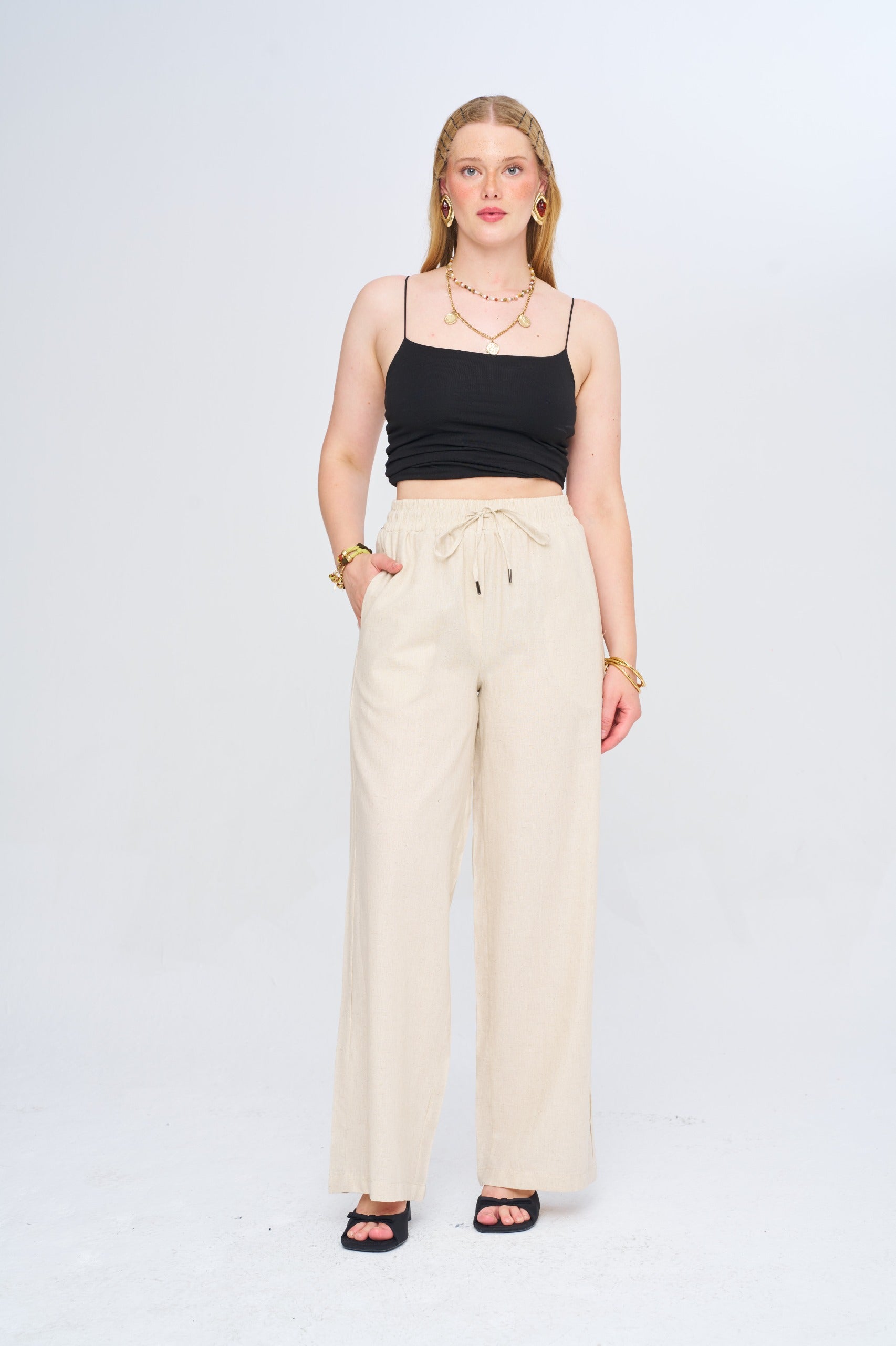 Toptan Kadın Keten Wide Leg Natur Pantolon