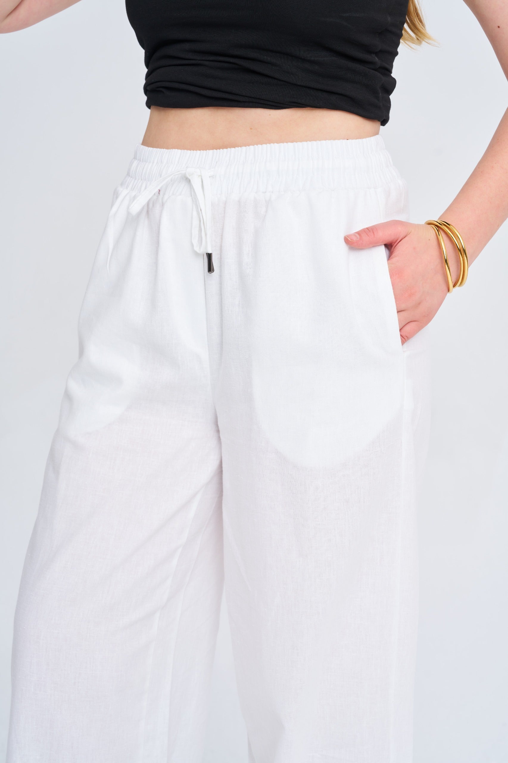 Toptan Kadın Keten Wide Leg Ekru Pantolon