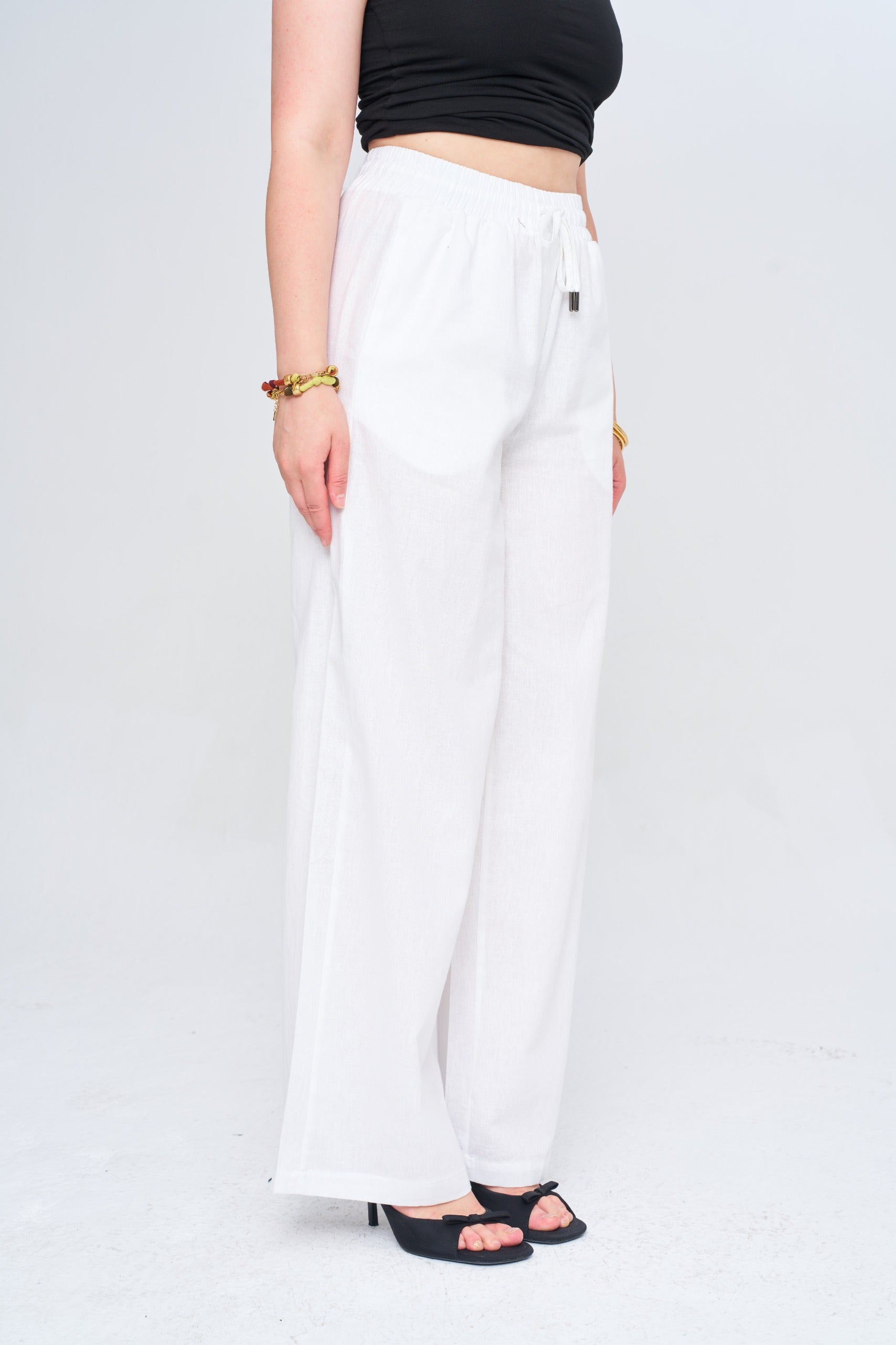 Toptan Kadın Keten Wide Leg Ekru Pantolon