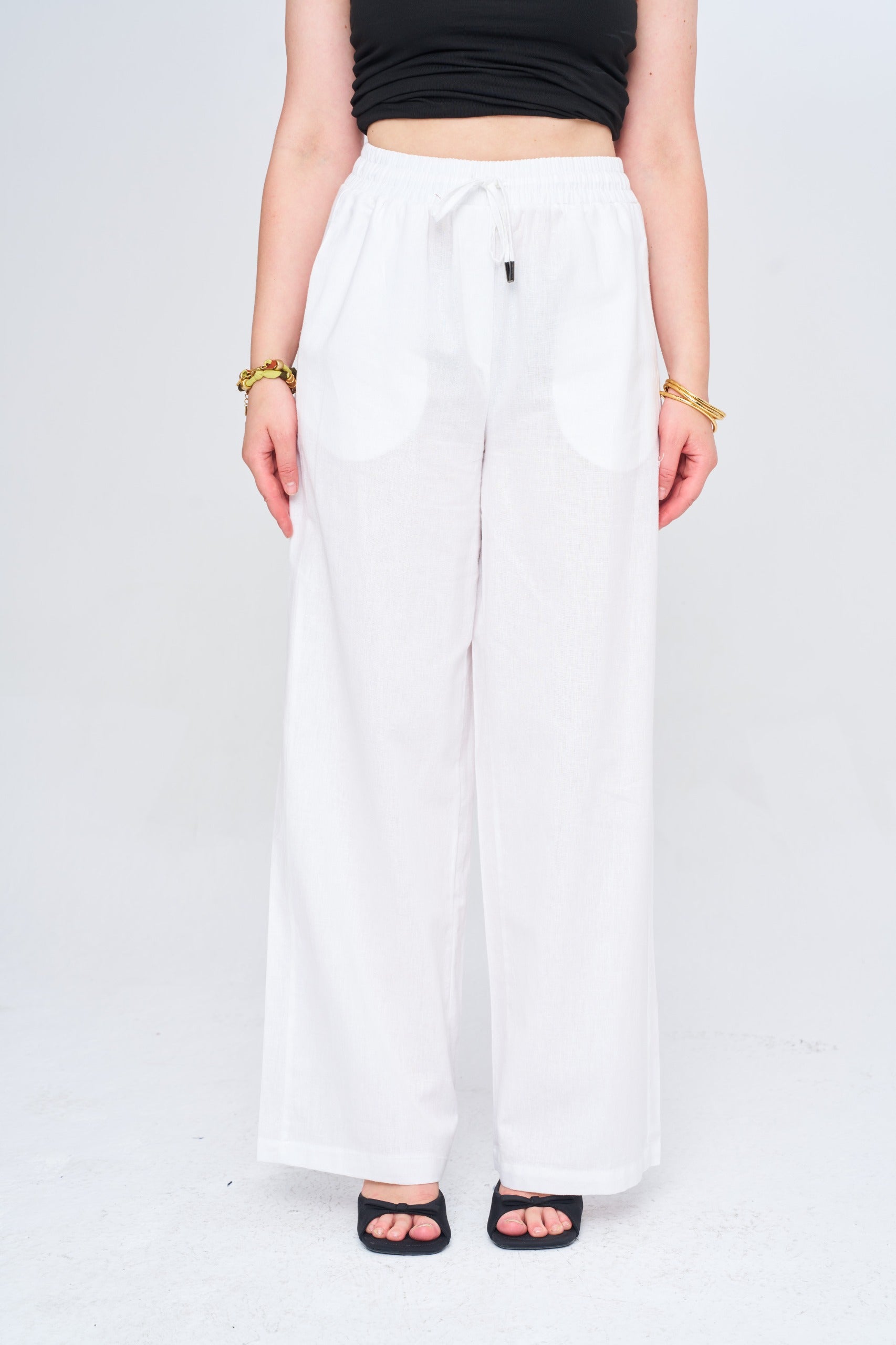 Toptan Kadın Keten Wide Leg Ekru Pantolon