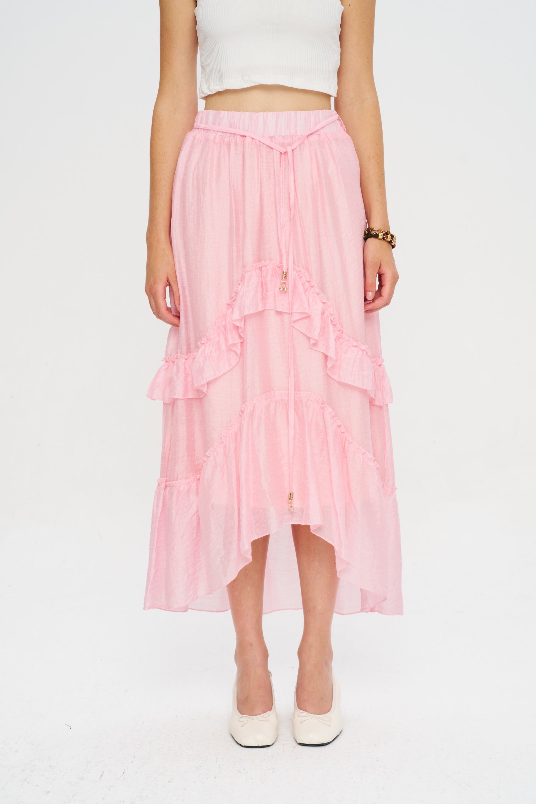 Toptan Fırfırlı Asimetrik Pembe Tencel Etek