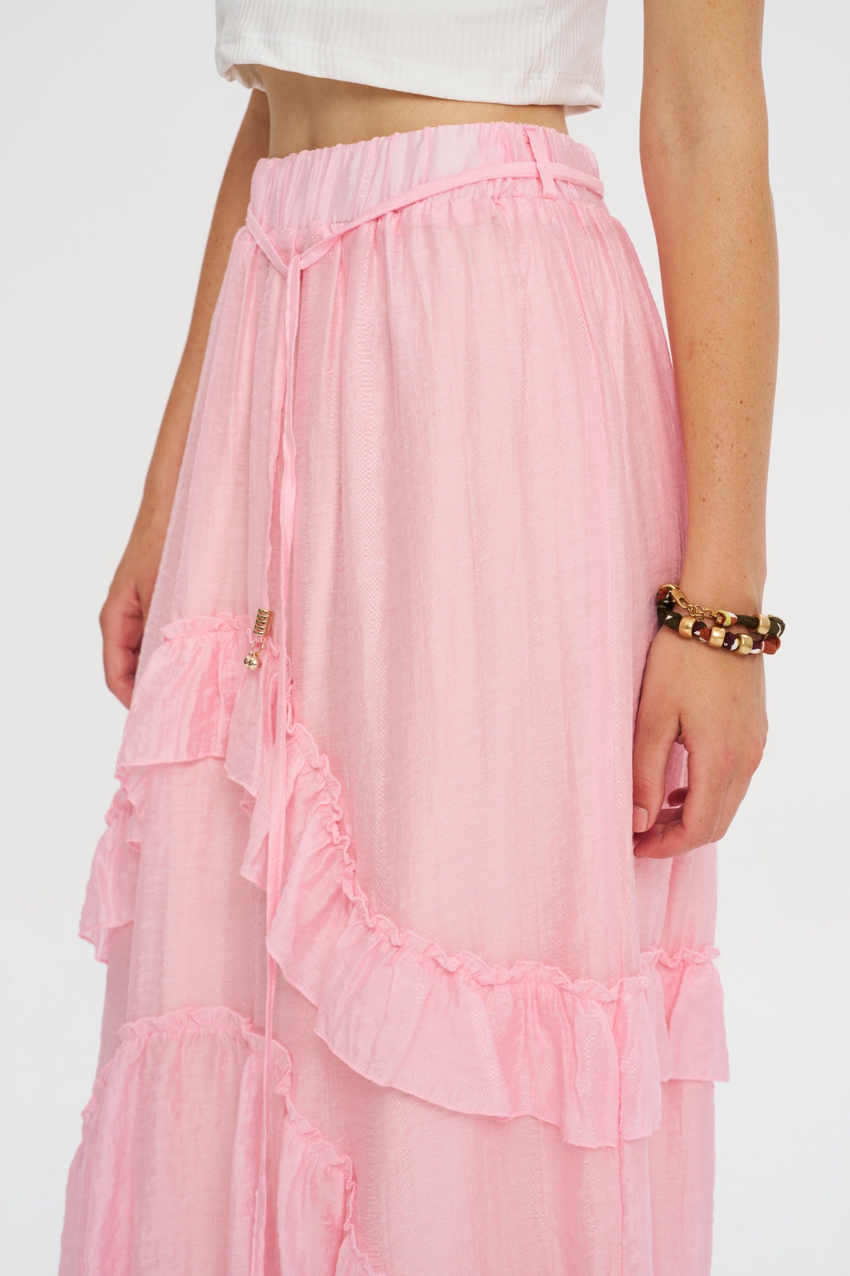 Toptan Fırfırlı Asimetrik Pembe Tencel Etek