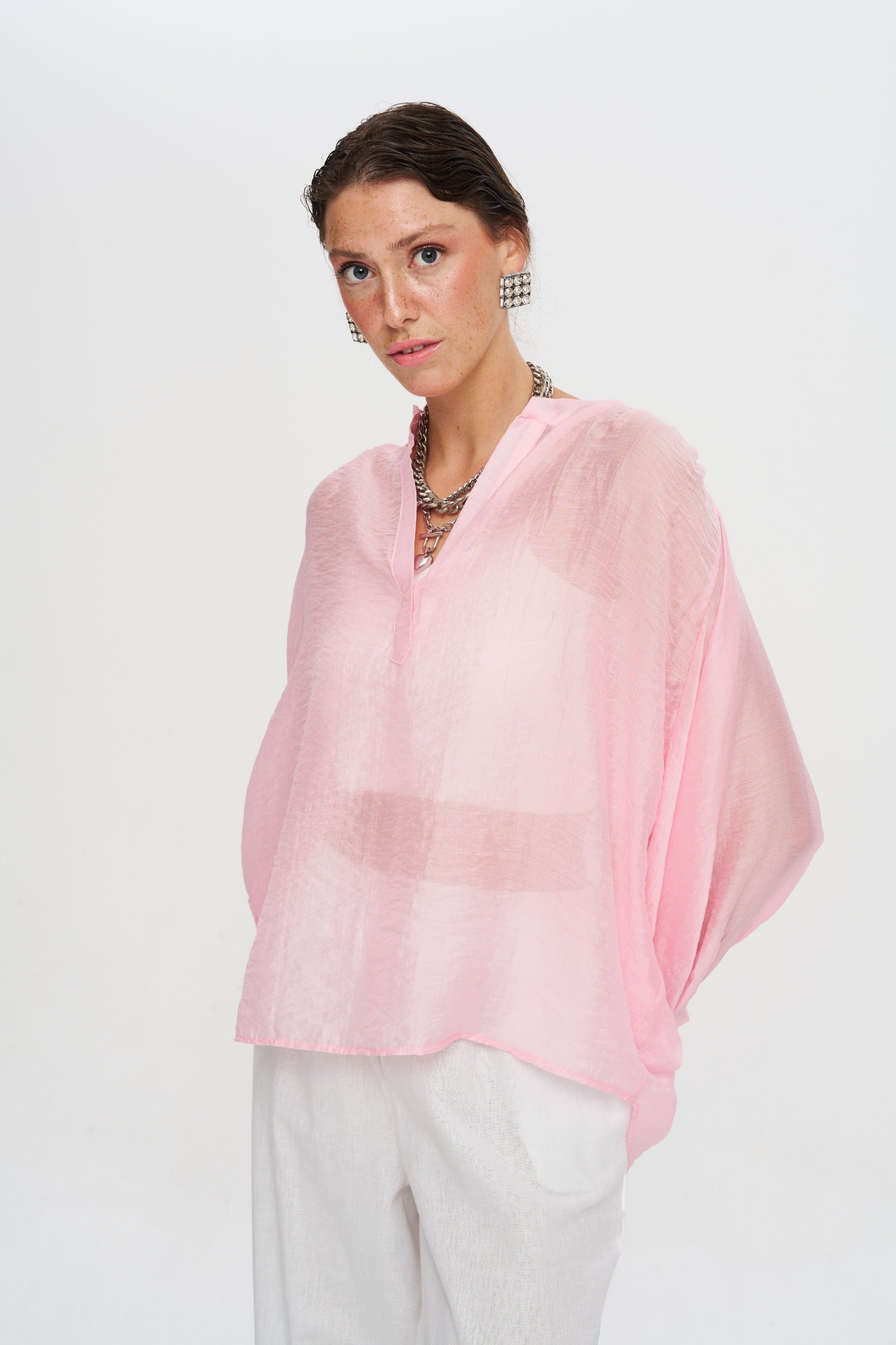 Toptan Kadın Pembe Gömlek - Tencel Karışımlı