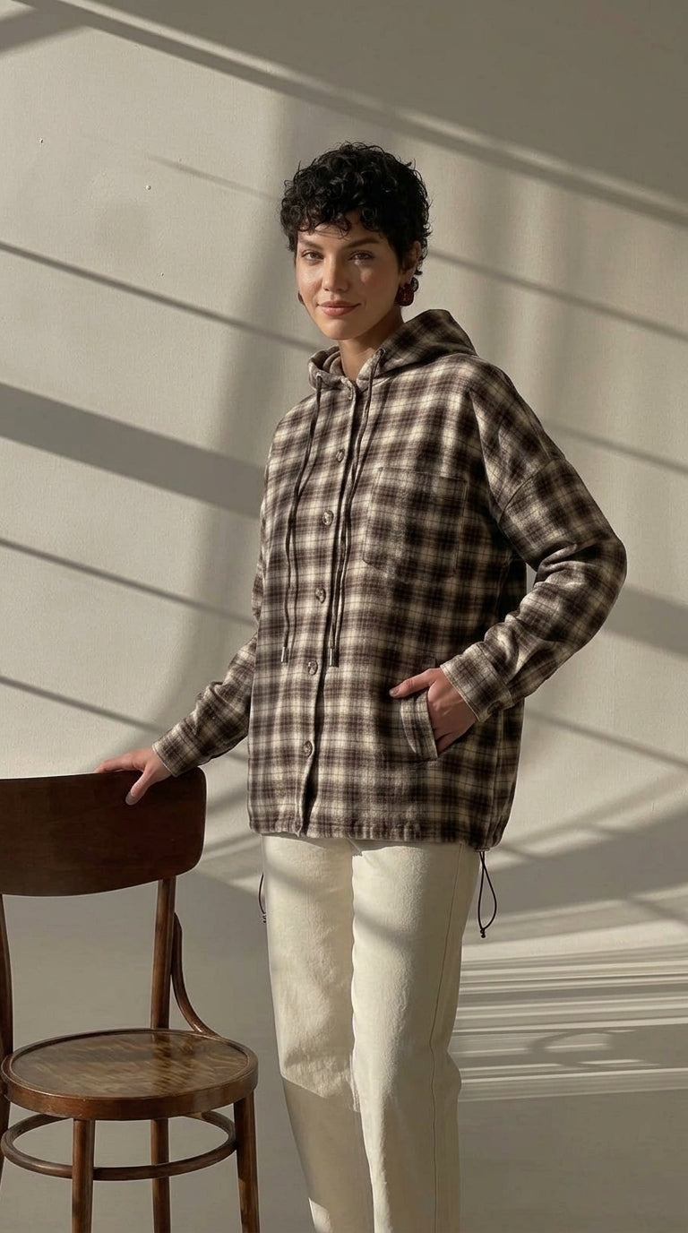 Wholesale Hooded Plaid Oversize Shirt Jacket Brown Beige 100% Cotton