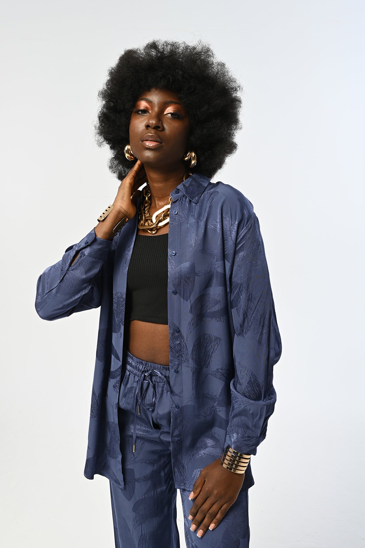 Toptan Indigo Çiçek Desenli Oversize Gömlek