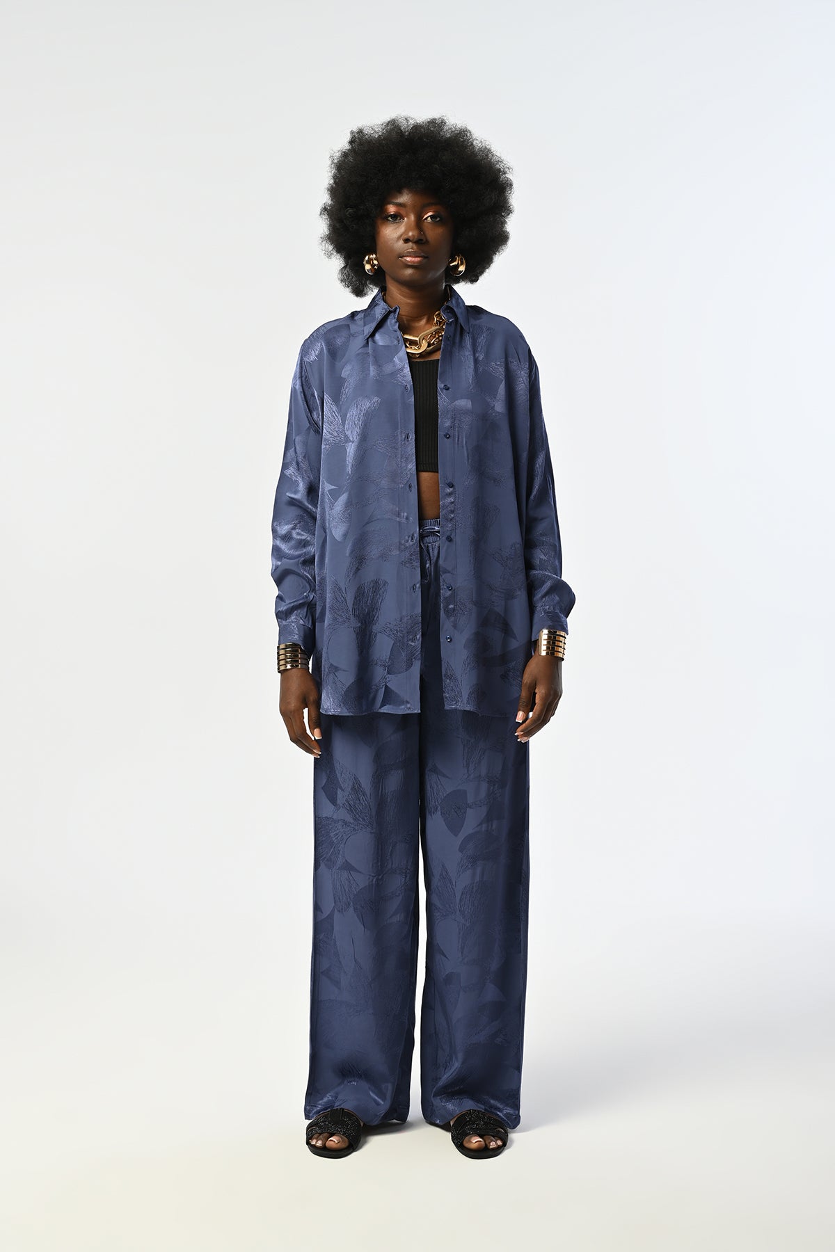 Toptan Indigo Çiçek Desenli Oversize Gömlek