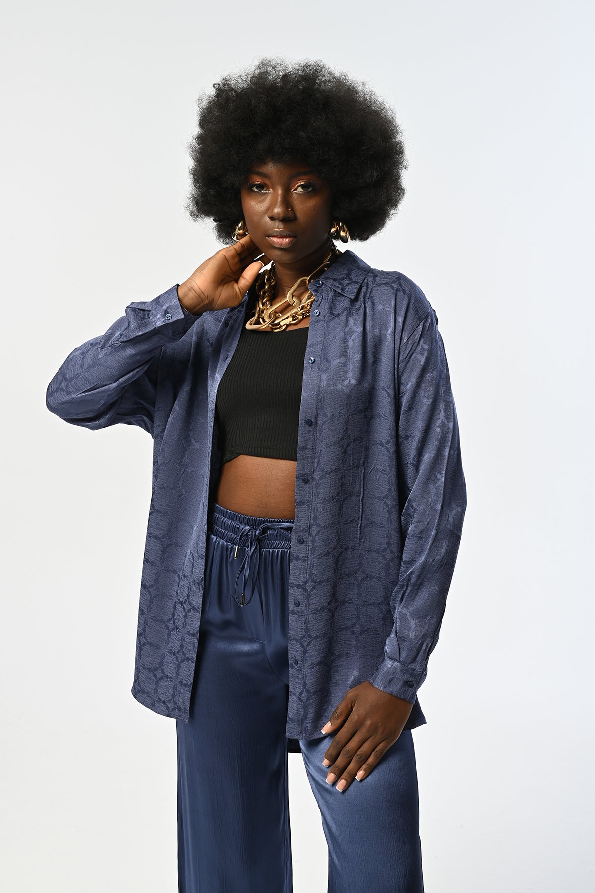 Toptan Indigo Desenli Oversize Gömlek