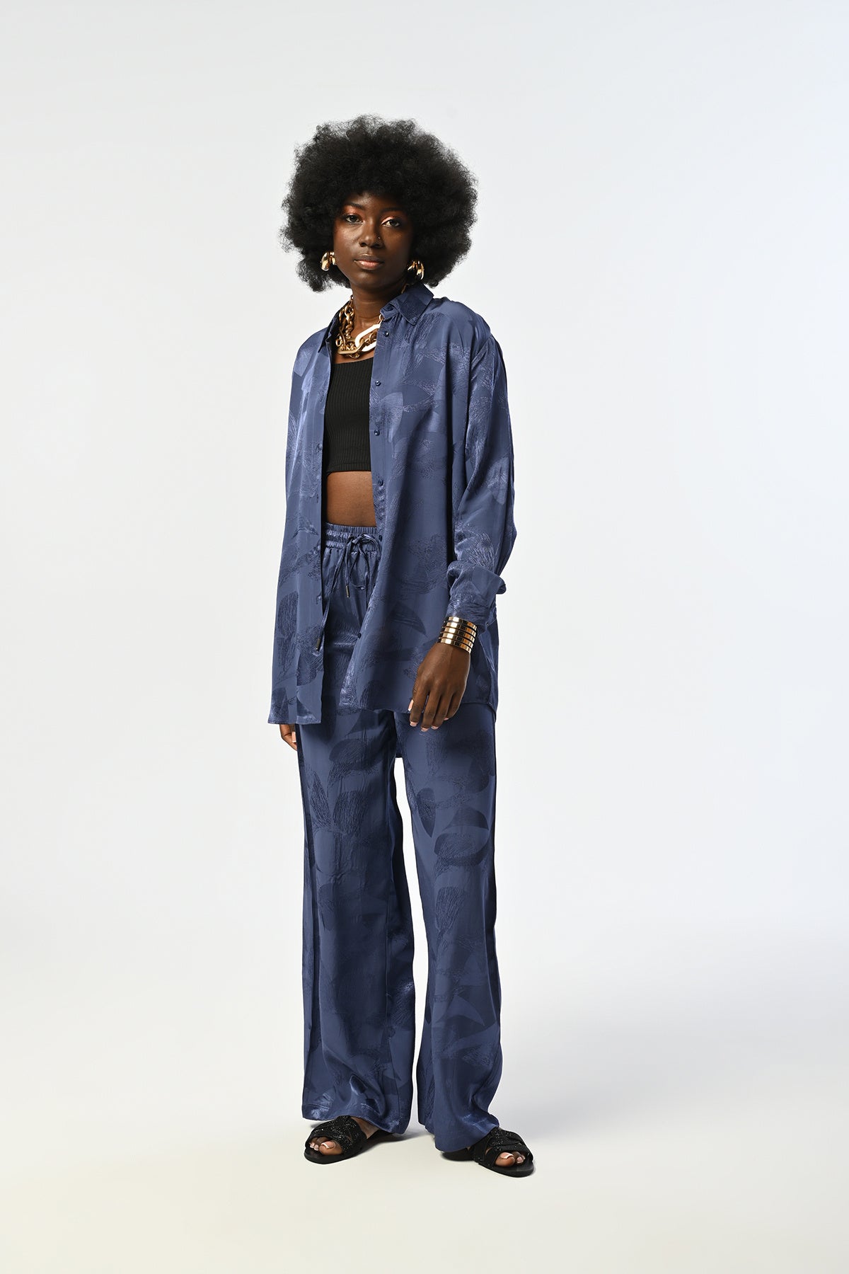 Toptan Indigo Çiçek Desenli Oversize Gömlek