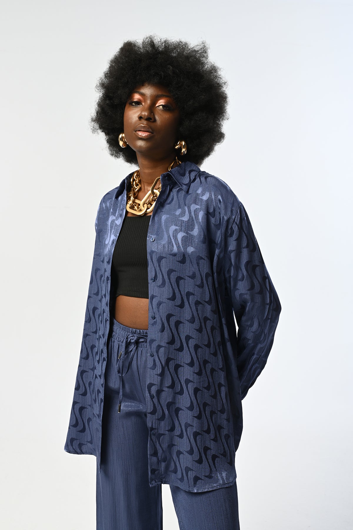 Toptan Indigo Desenli Oversize Gömlek