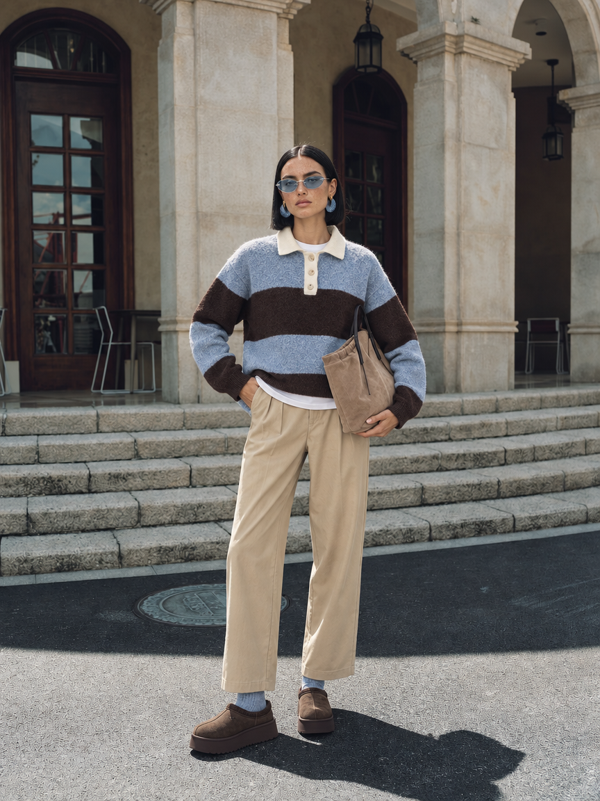Toptan Çizgili Polo Yaka Kadın Triko Kahve Kazak