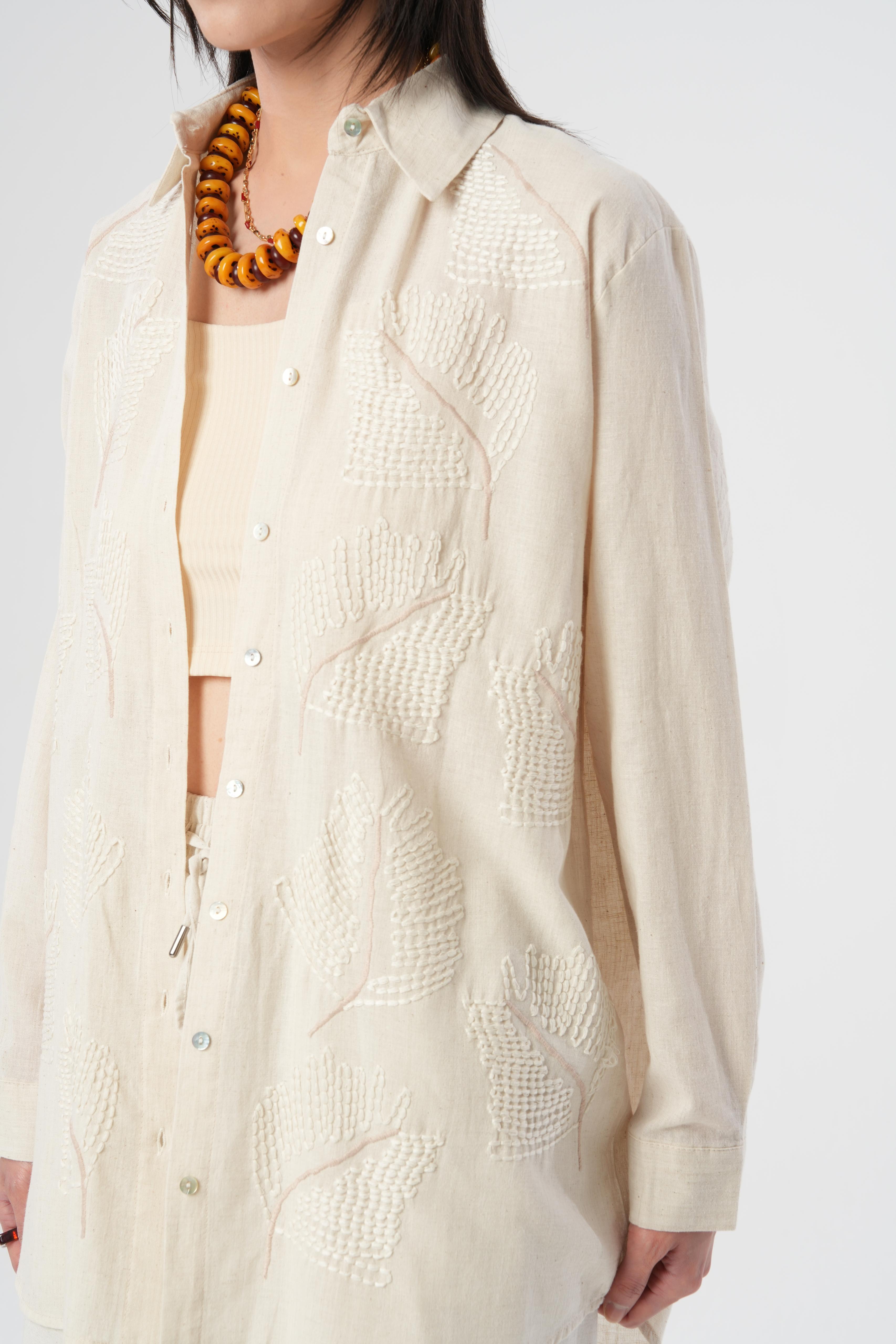 Orfeonegro Nakış Desenli Keten Oversize Gömlek