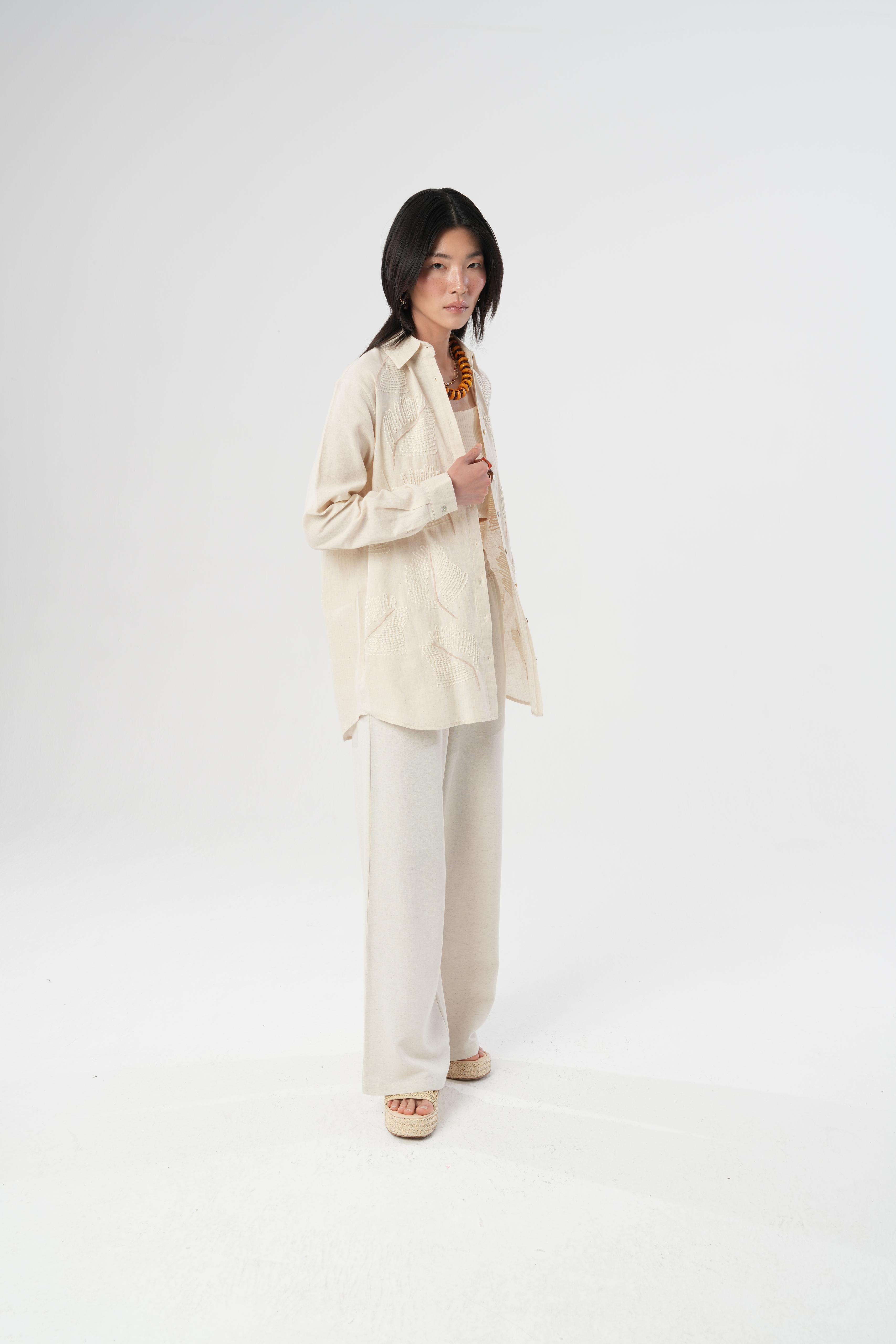 Orfeonegro Nakış Desenli Keten Oversize Gömlek