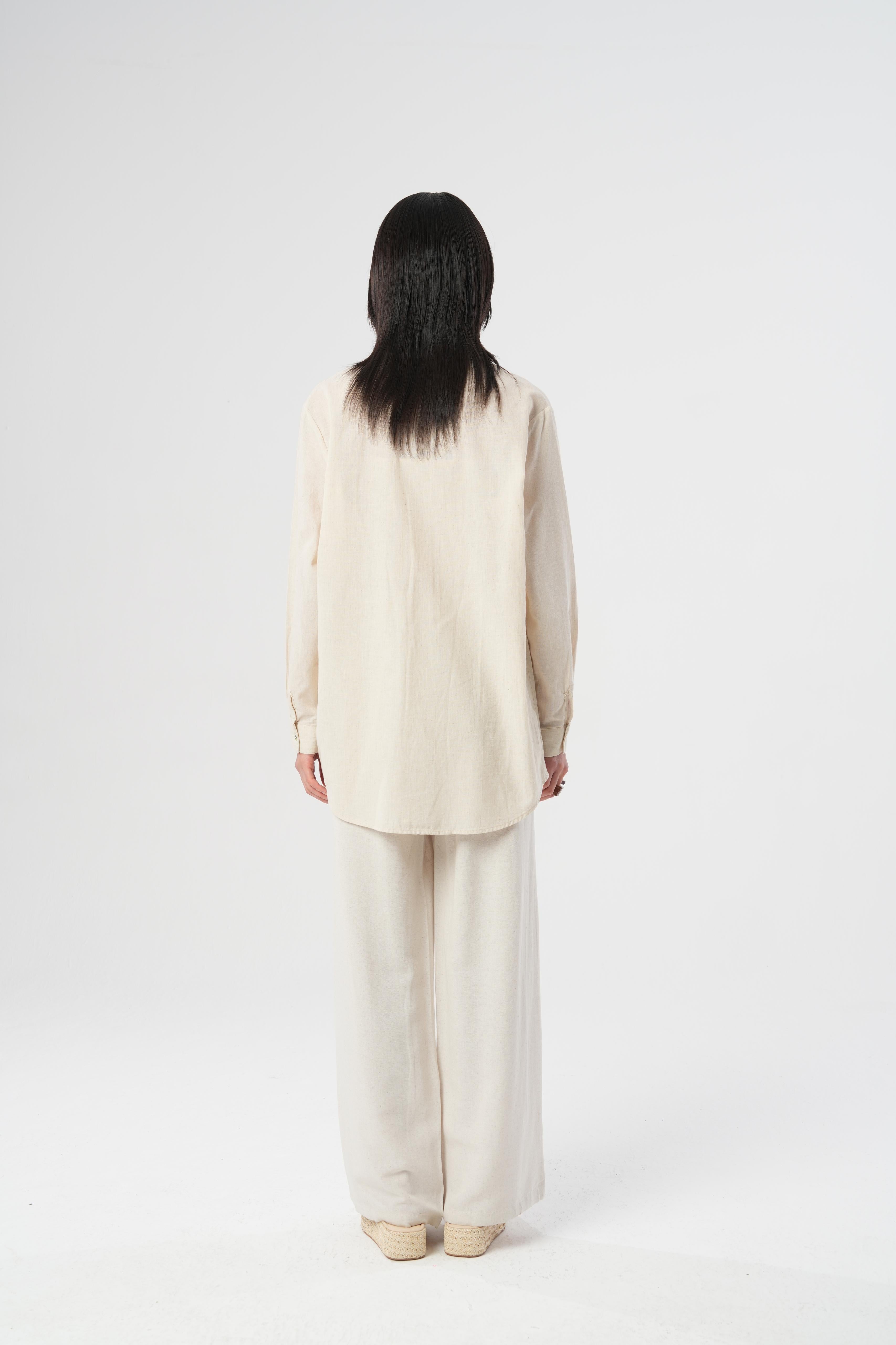 Orfeonegro Nakış Desenli Keten Oversize Gömlek