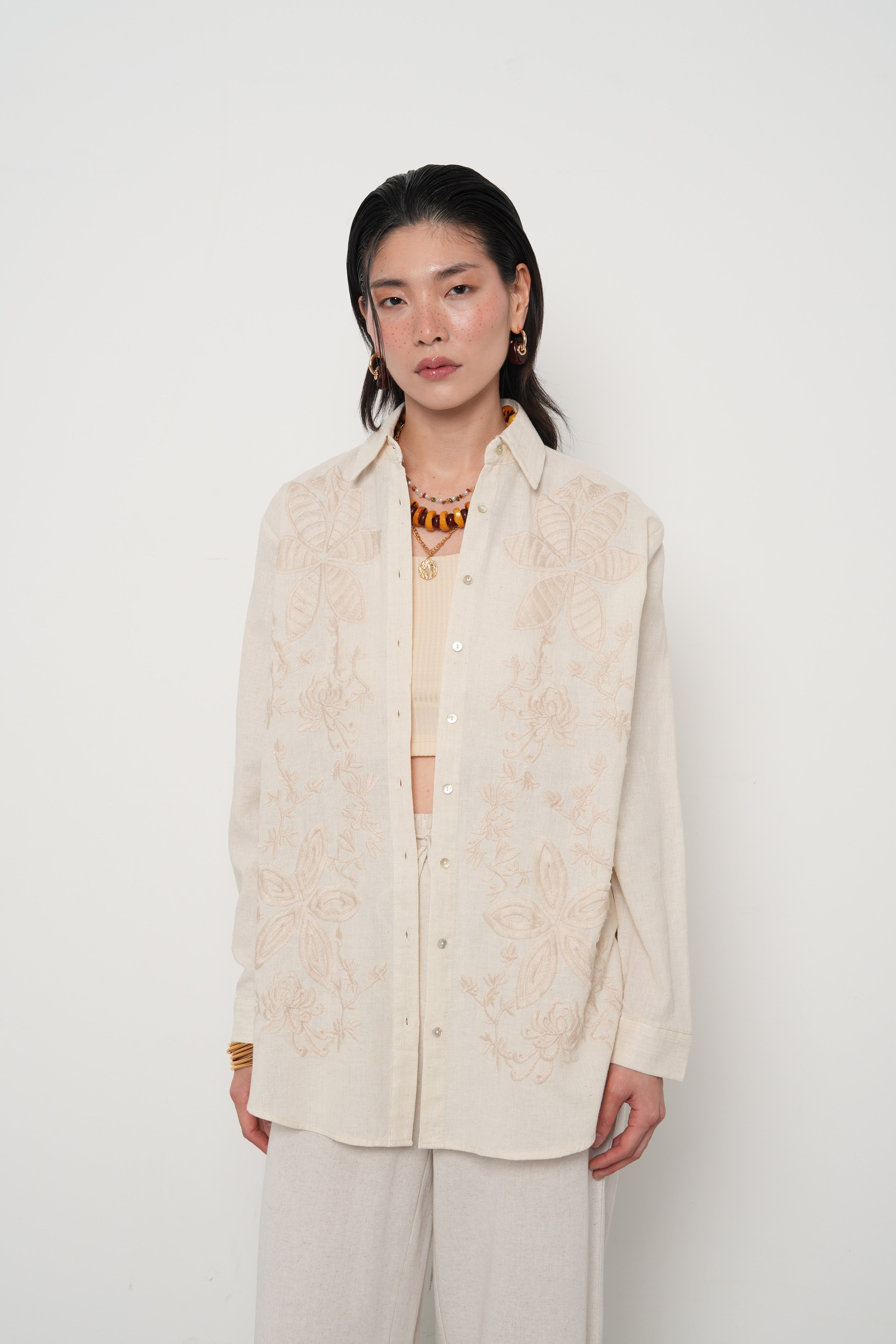 Orfeonegro Çiçek Desen Nakışlı Oversize Keten Gömlek