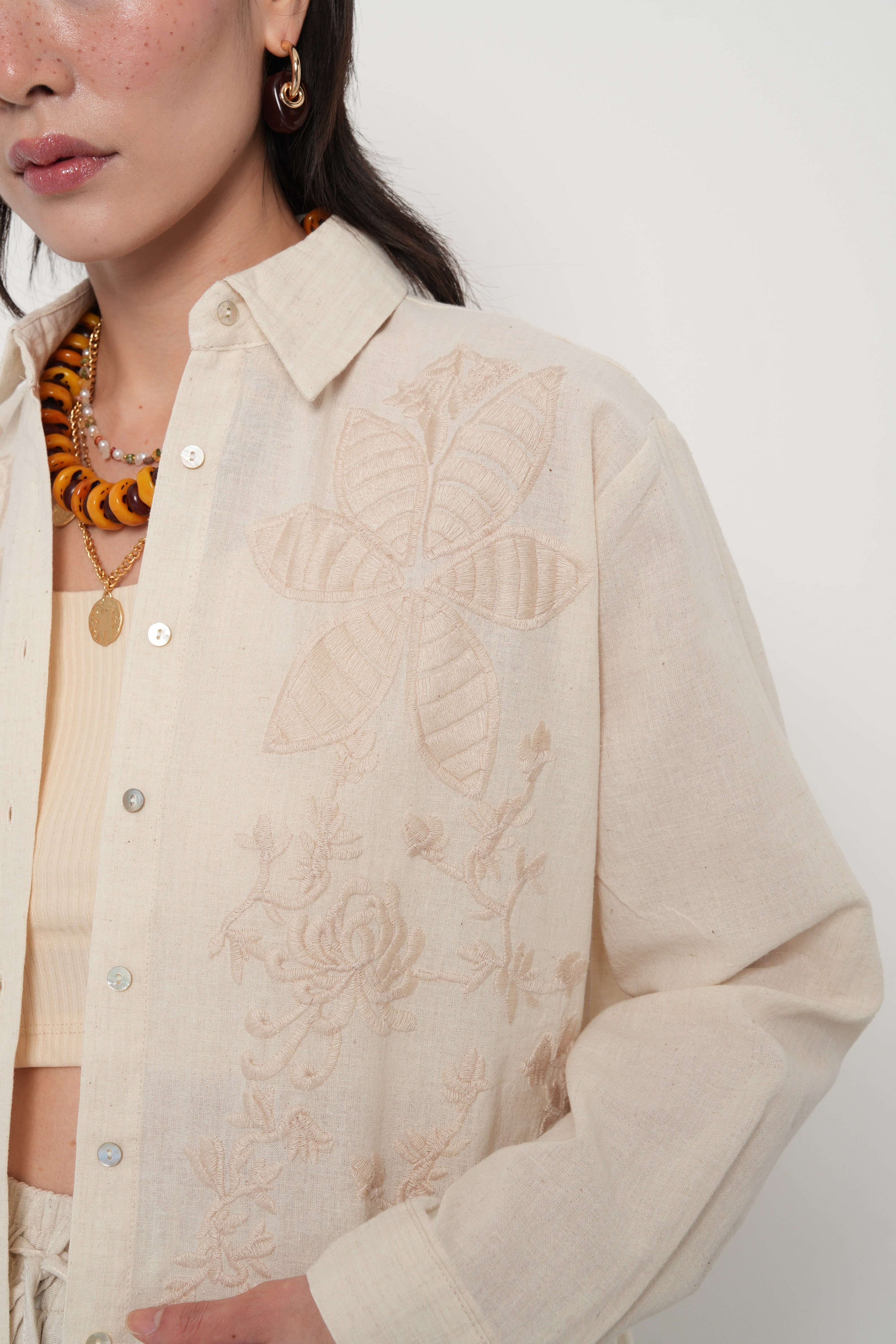 Orfeonegro Çiçek Desen Nakışlı Oversize Keten Gömlek