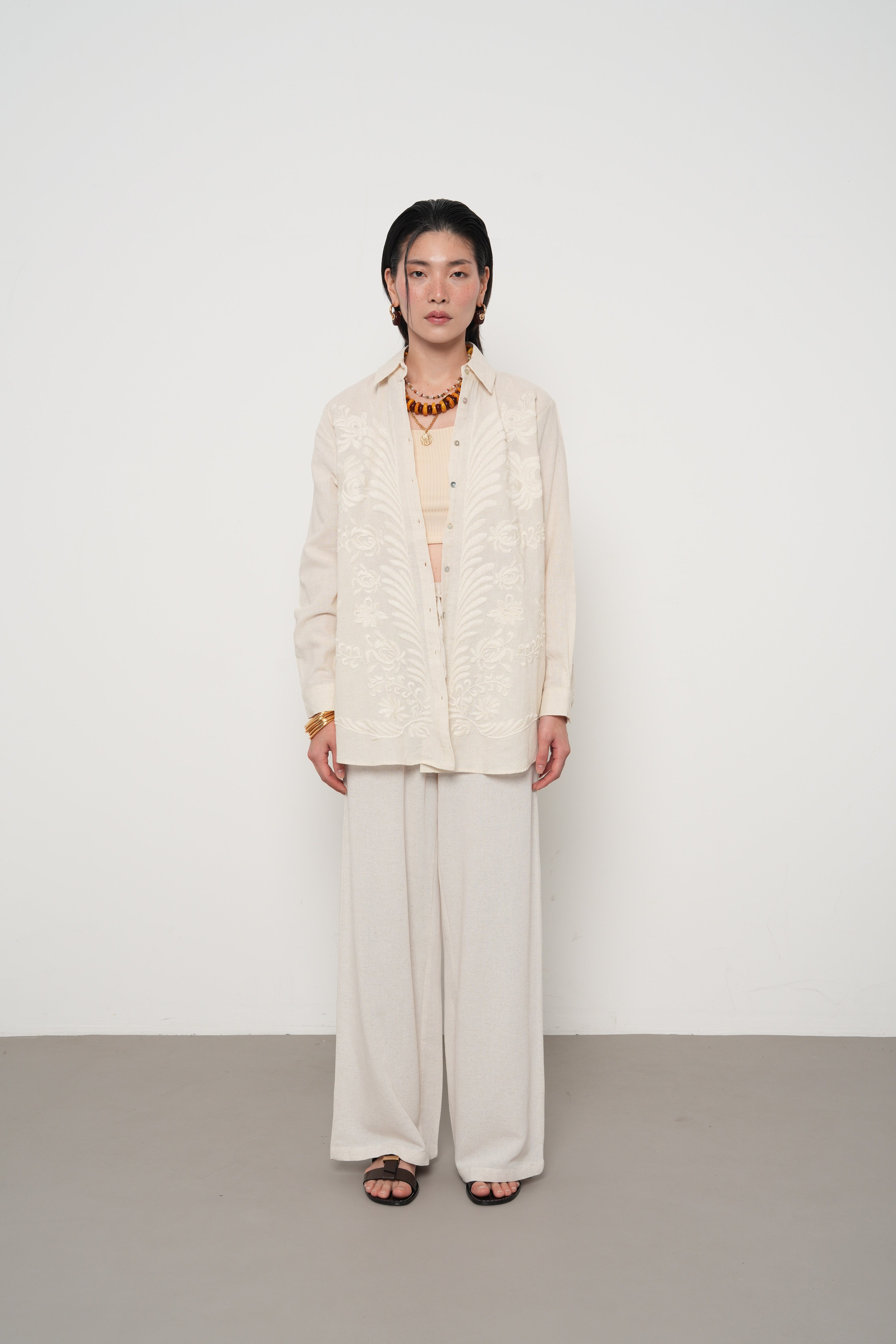 Orfeonegro Çiçek Desenli Oversize Keten Gömlek