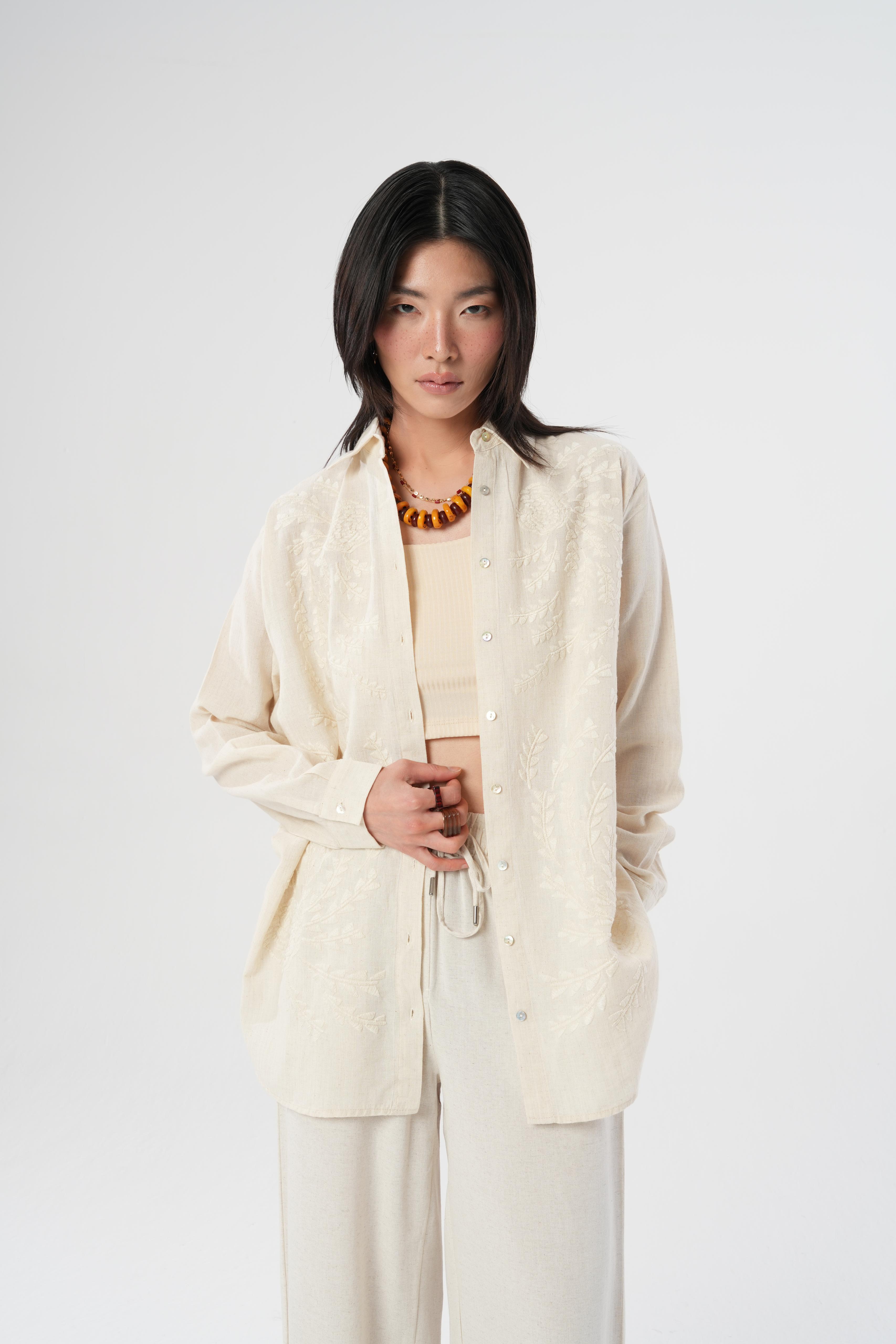 Orfeonegro Nakış Detaylı Oversize Keten Gömlek