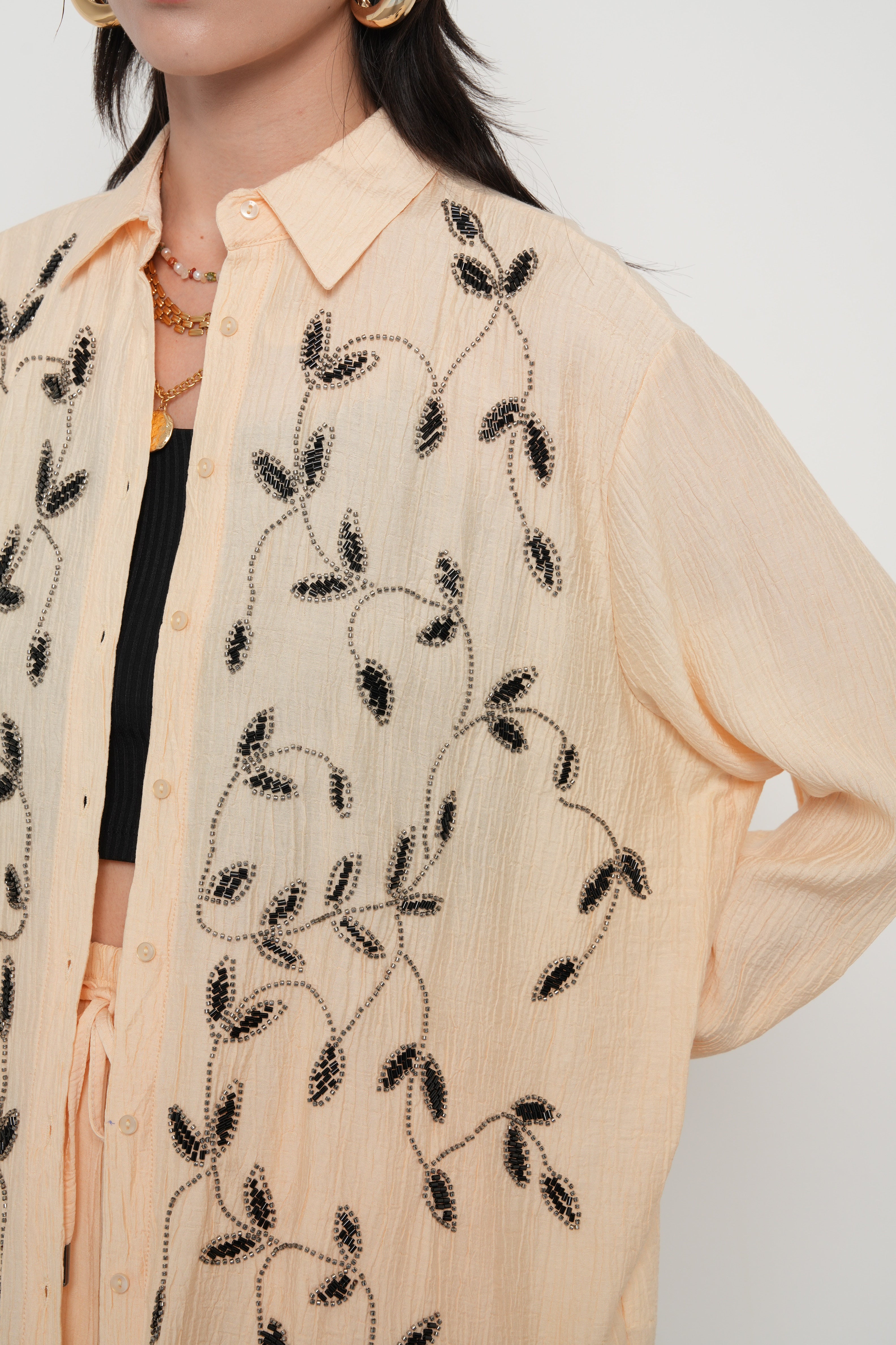 Nakış Detaylı Oversize Kadın Gömlek | 34483 - Açık Bej