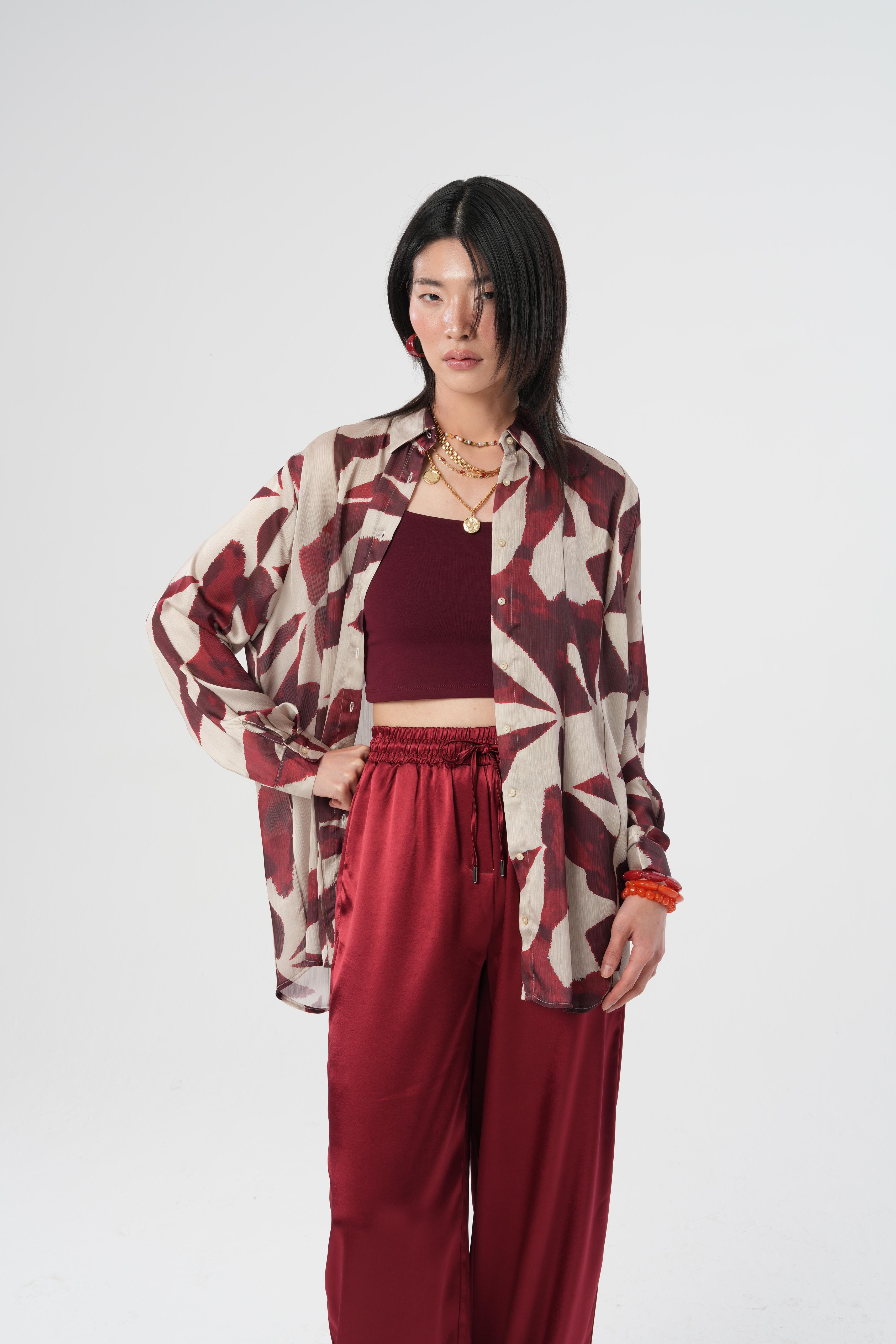 Dijital Baskılı Desenli Kadın Gömlek – Oversize | %100 Polyester | Yerli Üretim 34533 Bordo