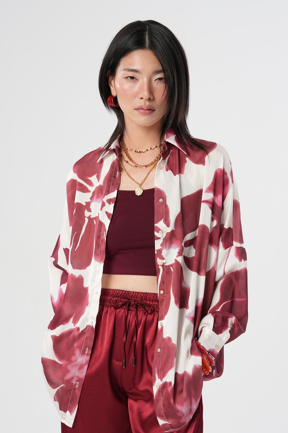 Çiçek Desenli Oversize Kadın Gömlek – %100 Polyester 34534 Bordo