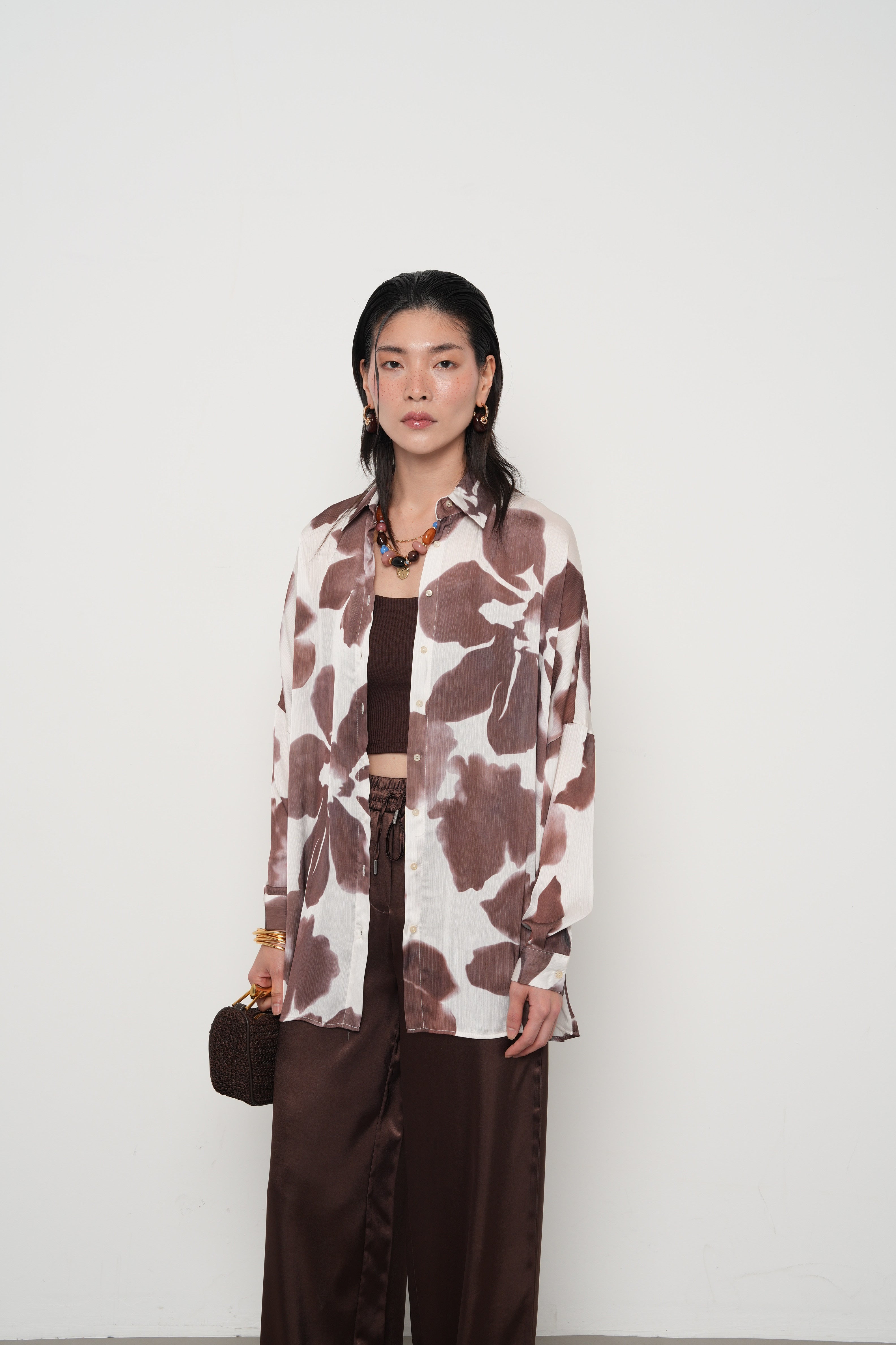 Çiçek Desenli Oversize Kadın Gömlek – %100 Polyester 34534 Kahve