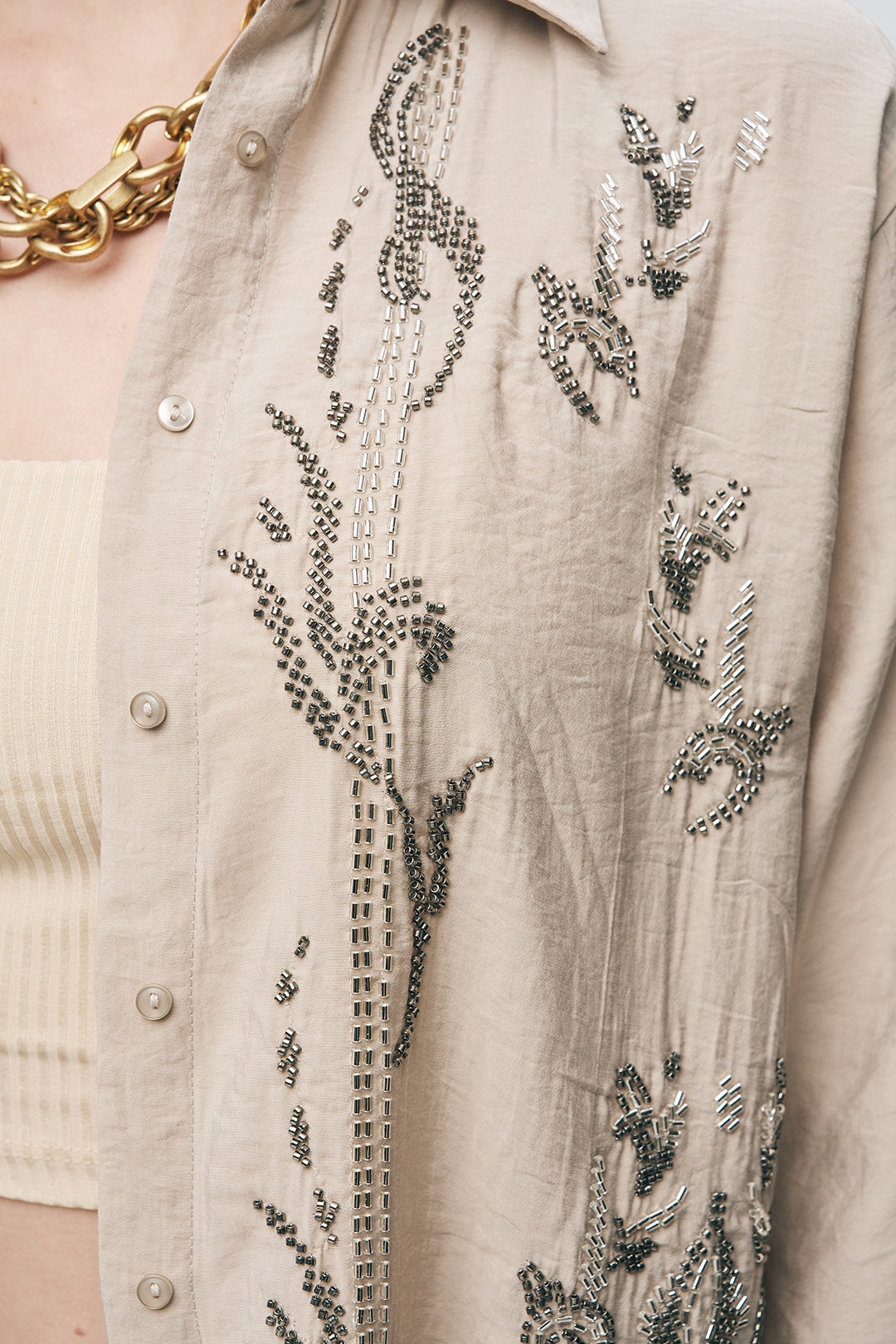 İşlemeli Bej Oversize Gömlek