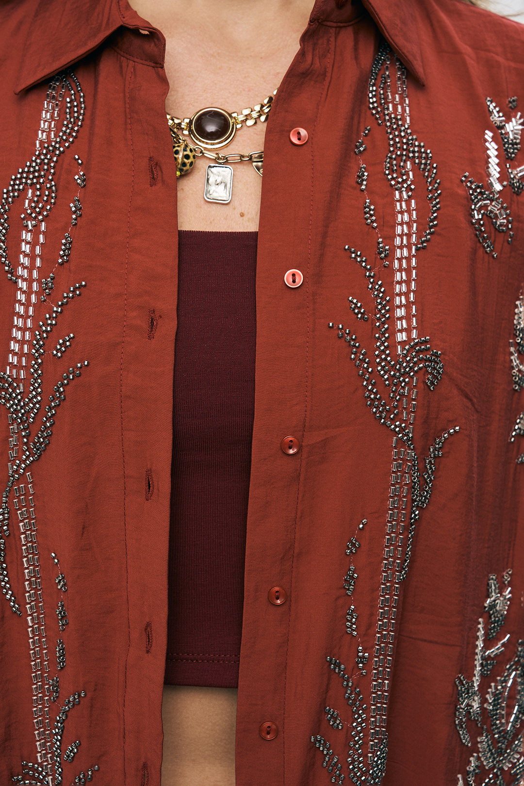 İşlemeli Bordo Oversize Gömlek