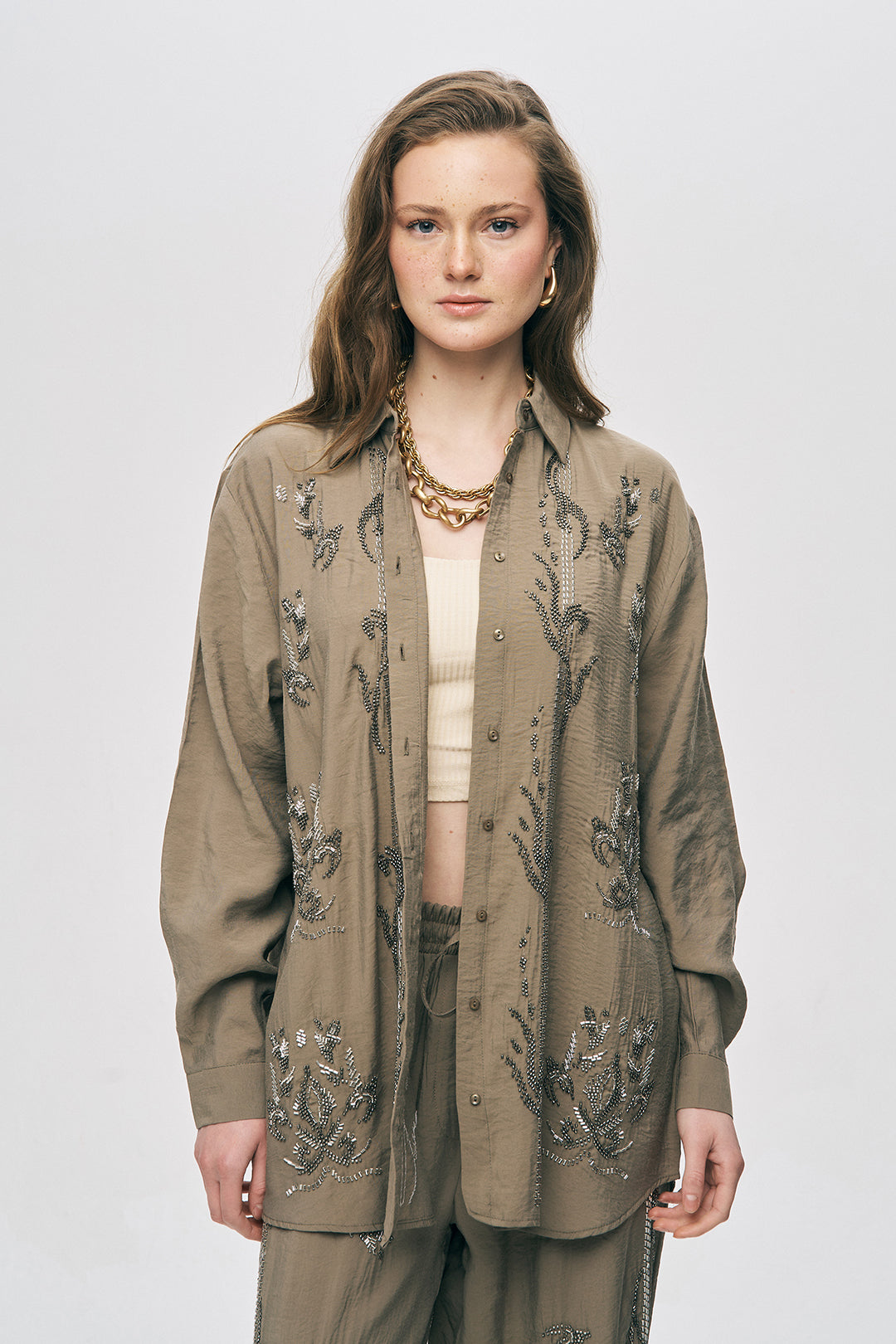 İşlemeli Vizon Oversize Gömlek