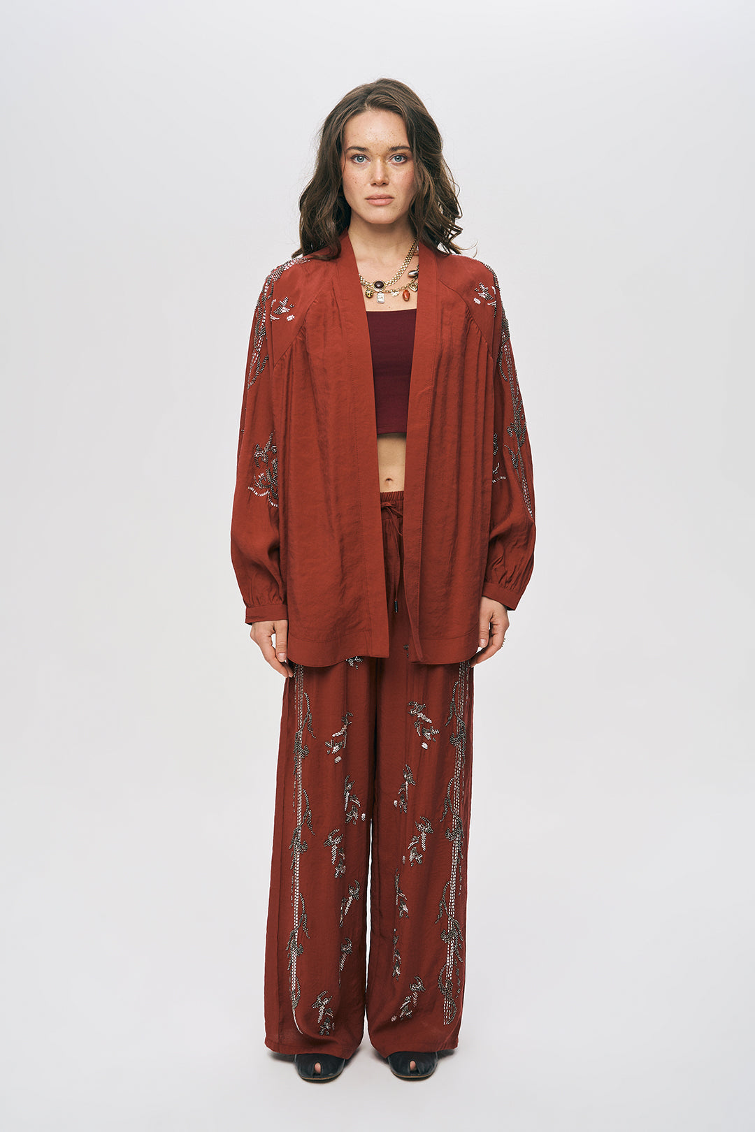 İşlemeli Bordo Kimono Ceket