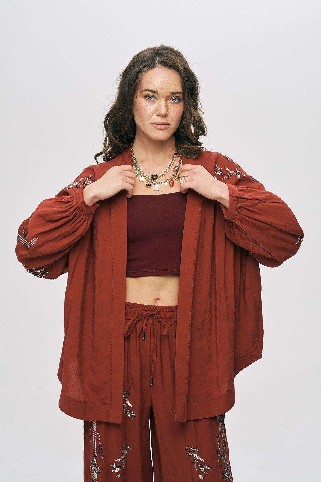 İşlemeli Bordo Kimono Ceket