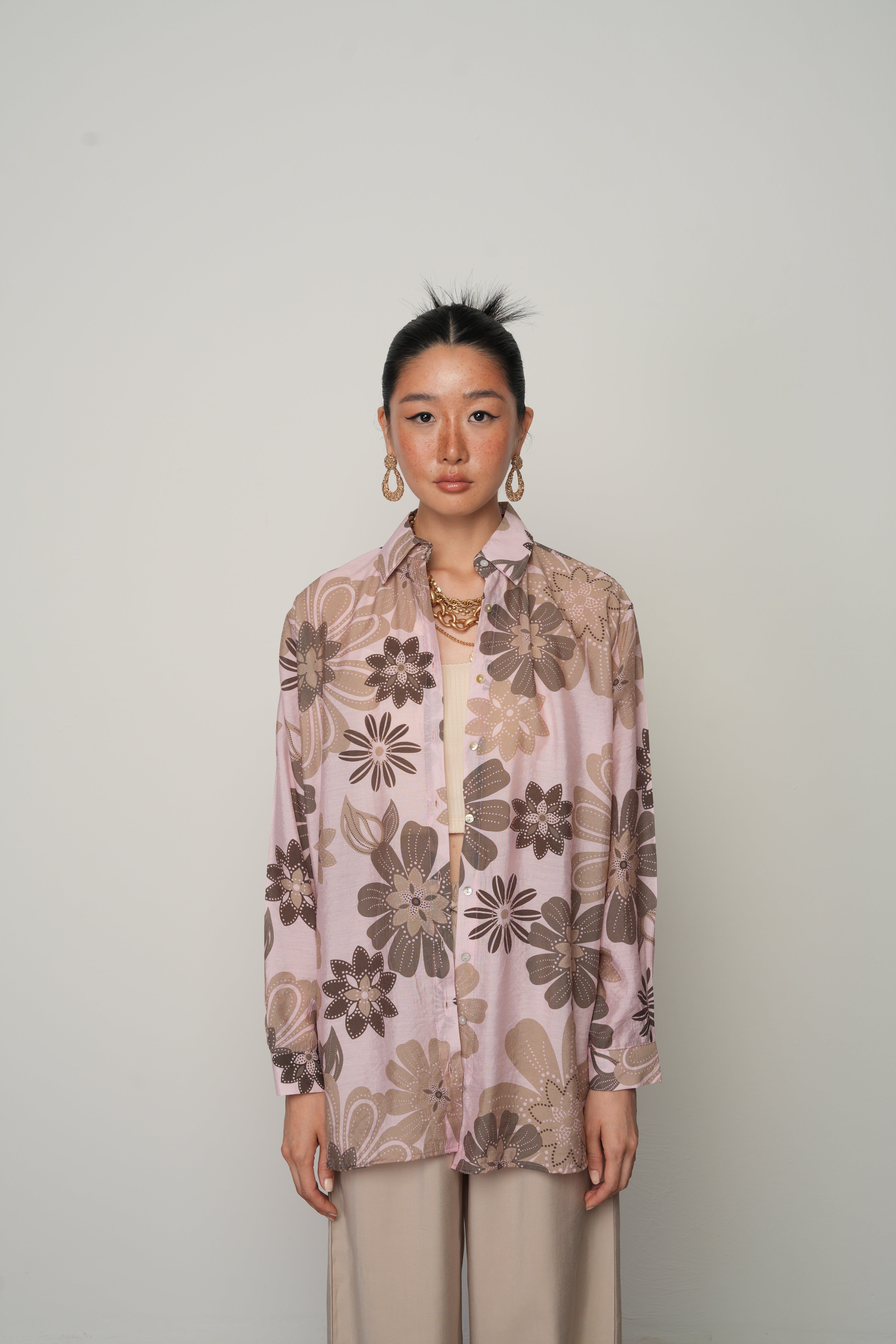 Oversize Kalıp Çiçek Desenli Pembe Gömlek - 34554