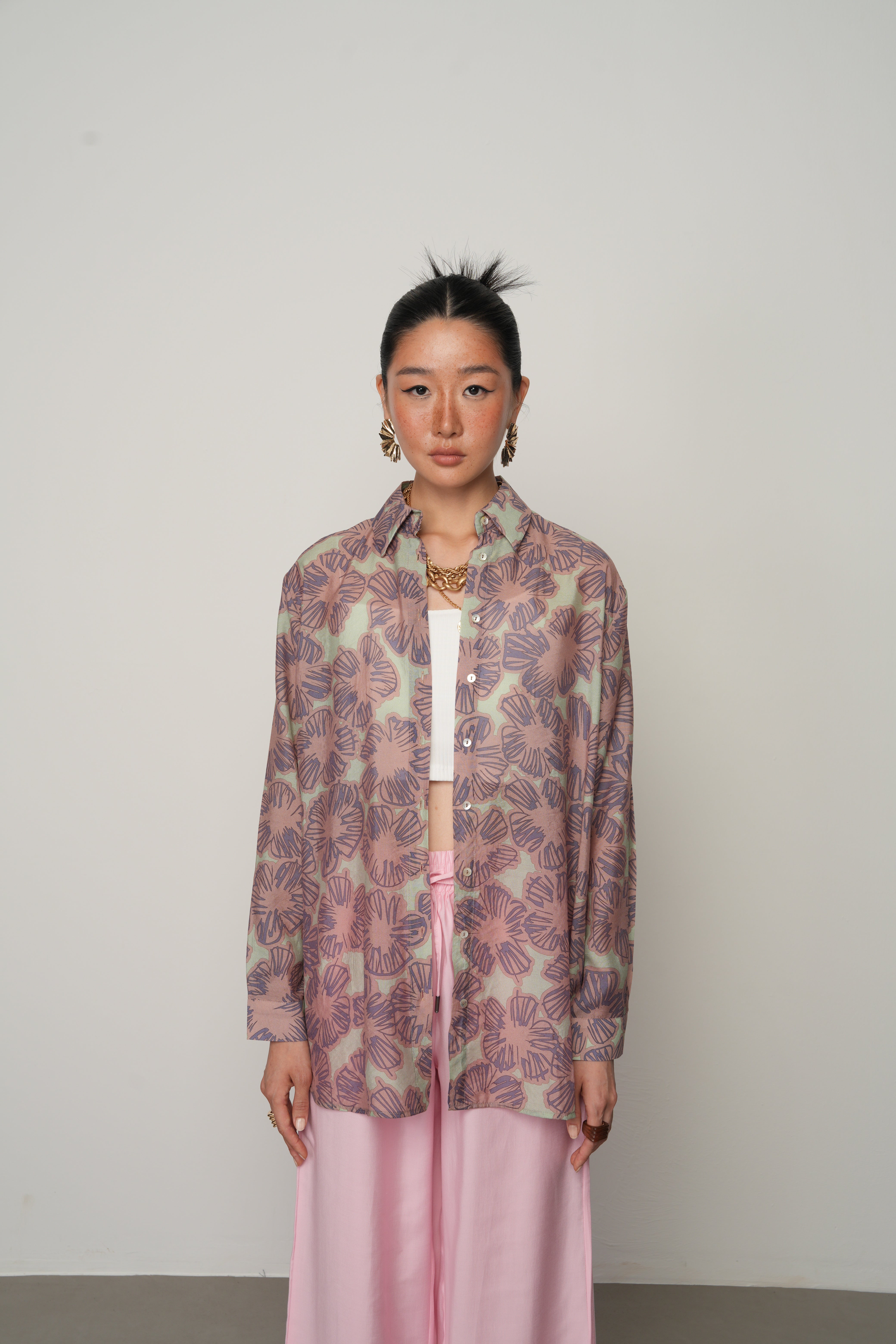 Çiçek Desenli Oversize Gömlek - 34555