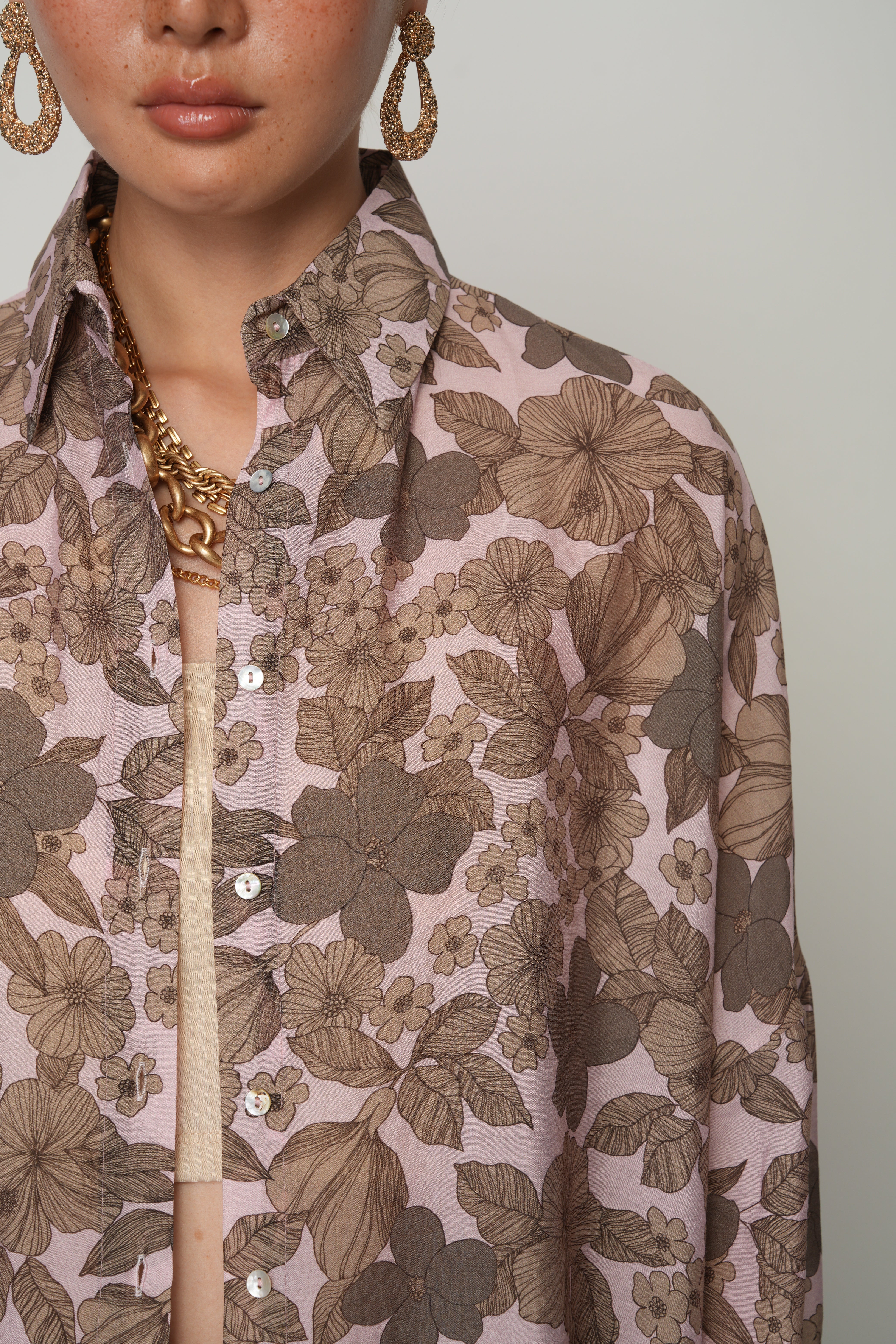Oversize Kalıp Çiçek Desenli Gömlek - 34559
