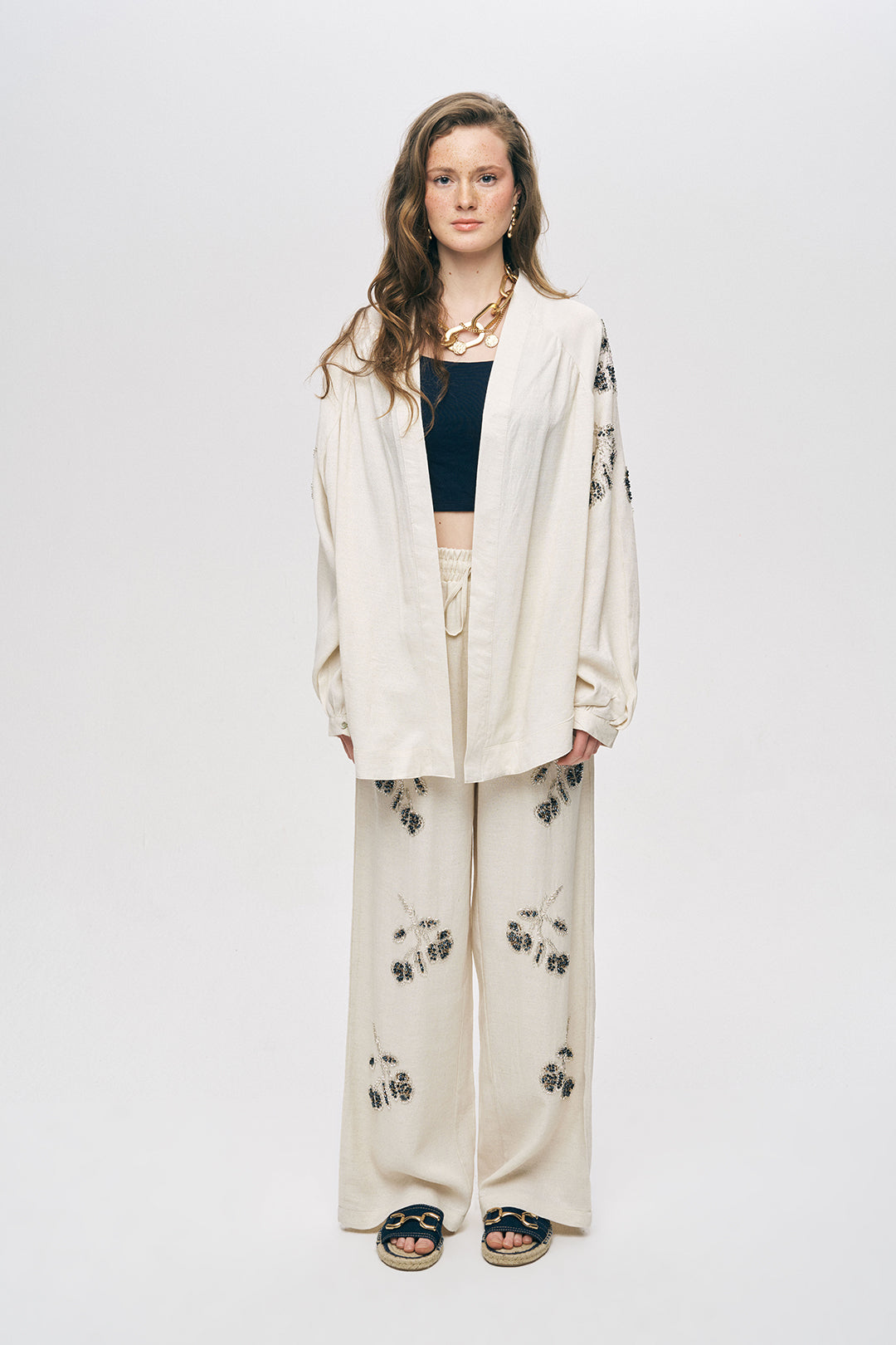 Boncuk İşlemeli Oversize Pamuk Keten Kimono