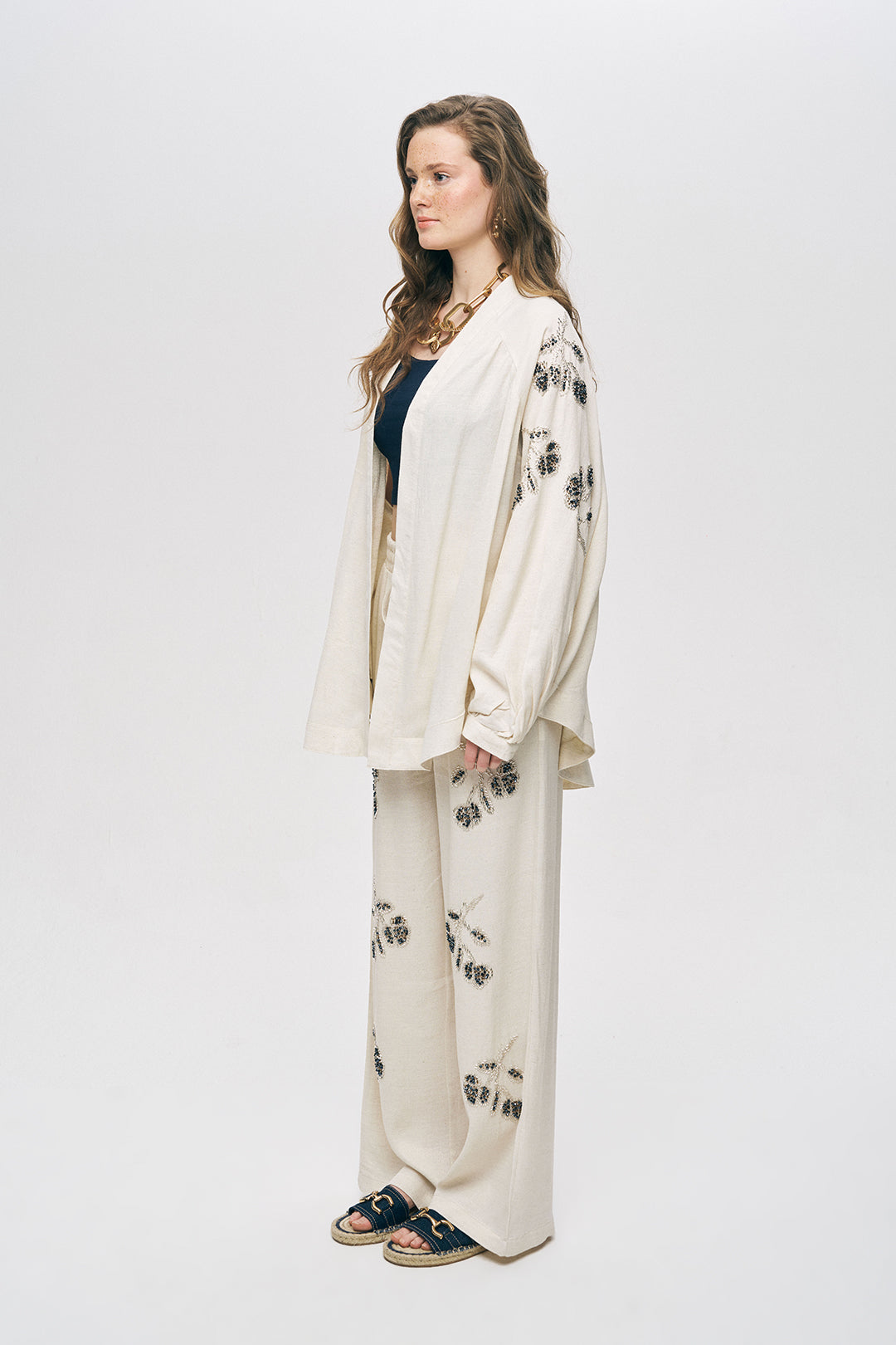 Boncuk İşlemeli Oversize Pamuk Keten Kimono