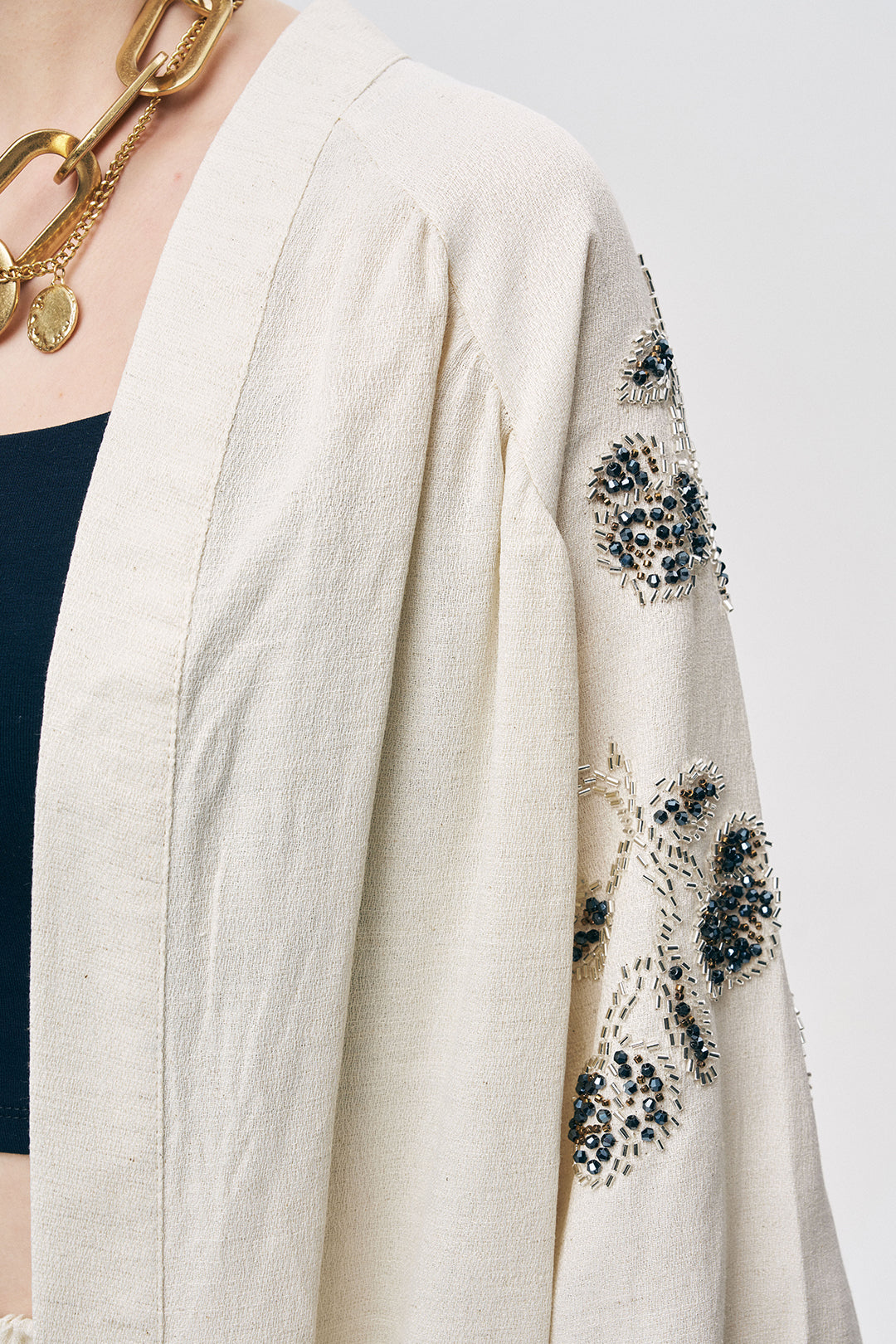 Boncuk İşlemeli Oversize Pamuk Keten Kimono