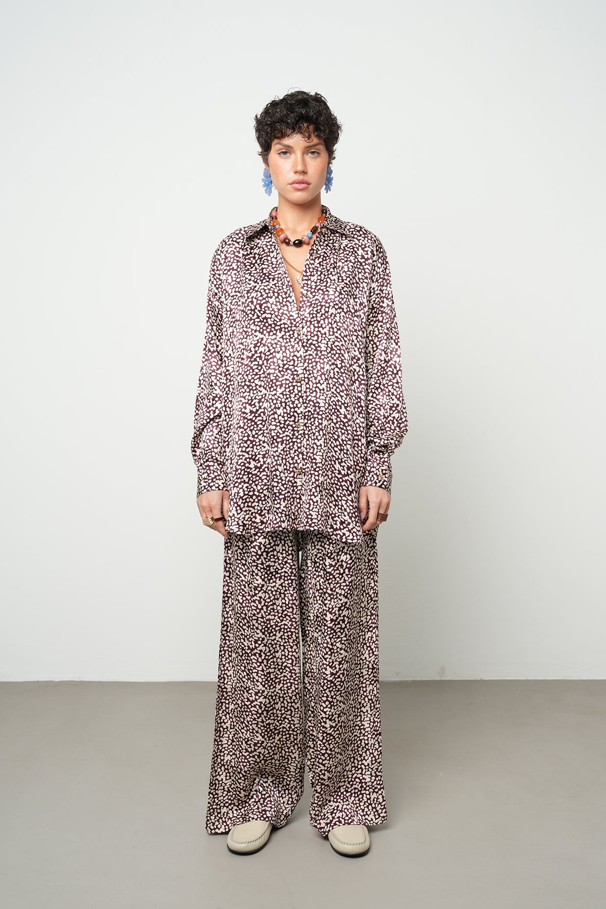 Puantiye Desenli Saten Oversize Gömlek